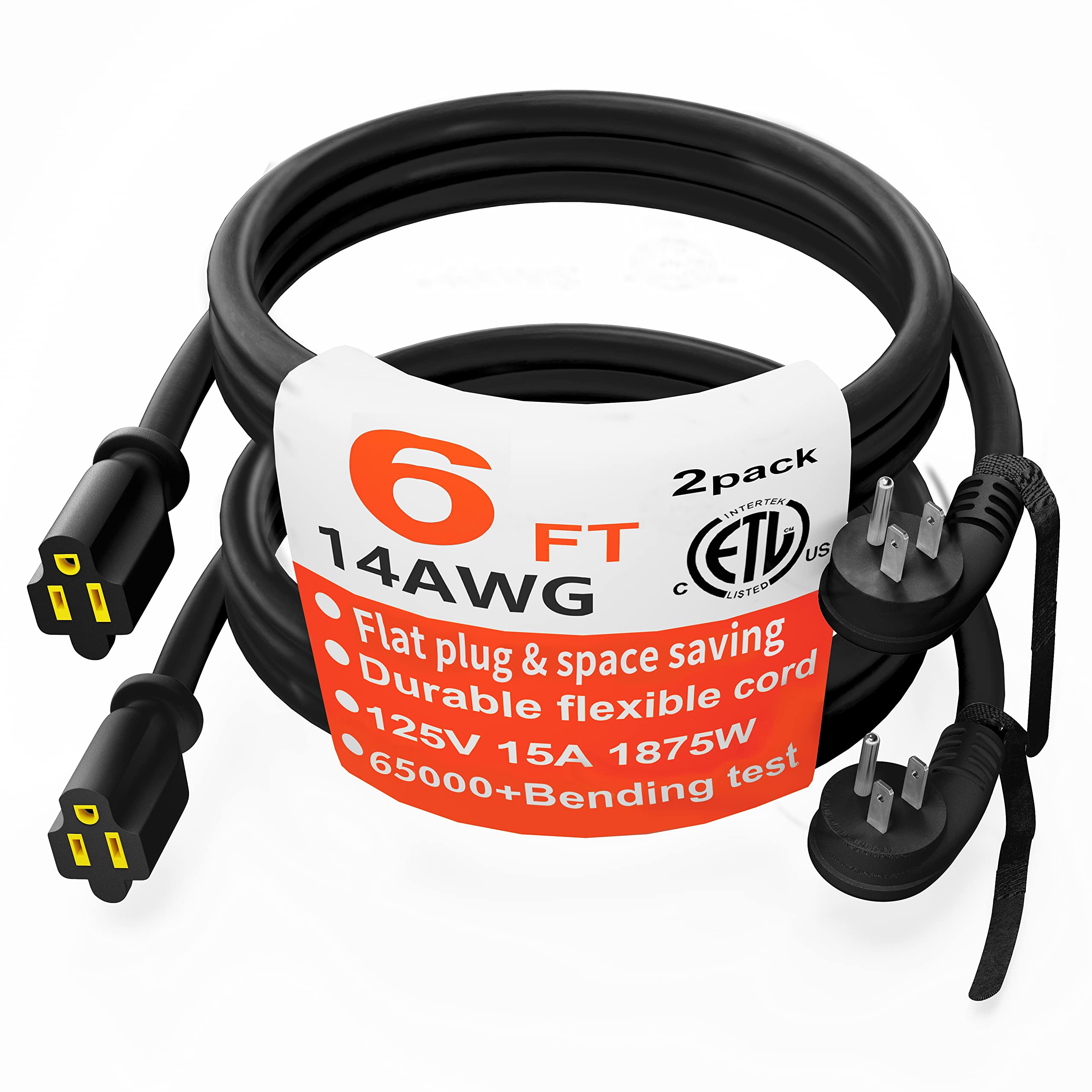 Huanchain 14 Gauge 6 Feet (2 Pack) Flat Plug Extension Cord Black Indoor Outdoor, Heavy Duty 3 Prong Grounded Low Profile Extens