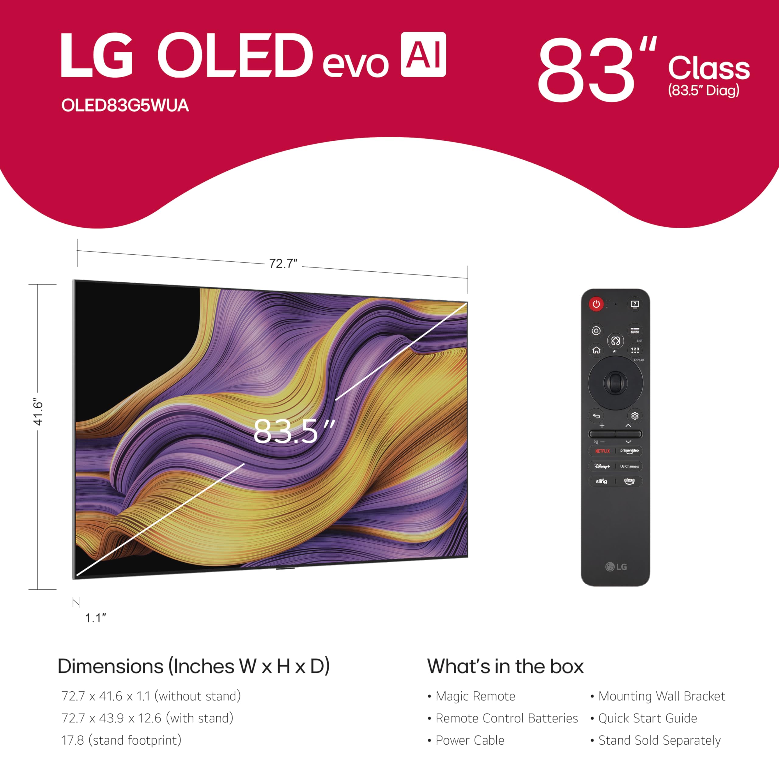 Lg 83-Inch Class Oled Evo Ai 4K G5 Series Smart Tv W/Dolby Atmos, Dolby Vision, Hdr10, Ai Super Upscaling 4K, Filmmaker Mode, Wo