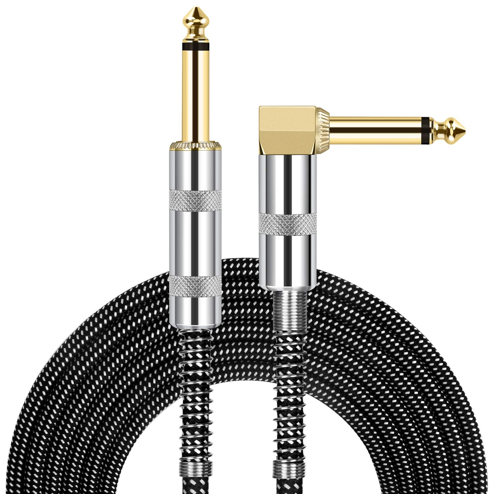 Jolgoo Guitar Cable, 1/4 Inch Cable 15 Ft, Straight To Right Angle 6.35Mm Plug Bass Keyboard Instrument Cable, Black And Gray Tw