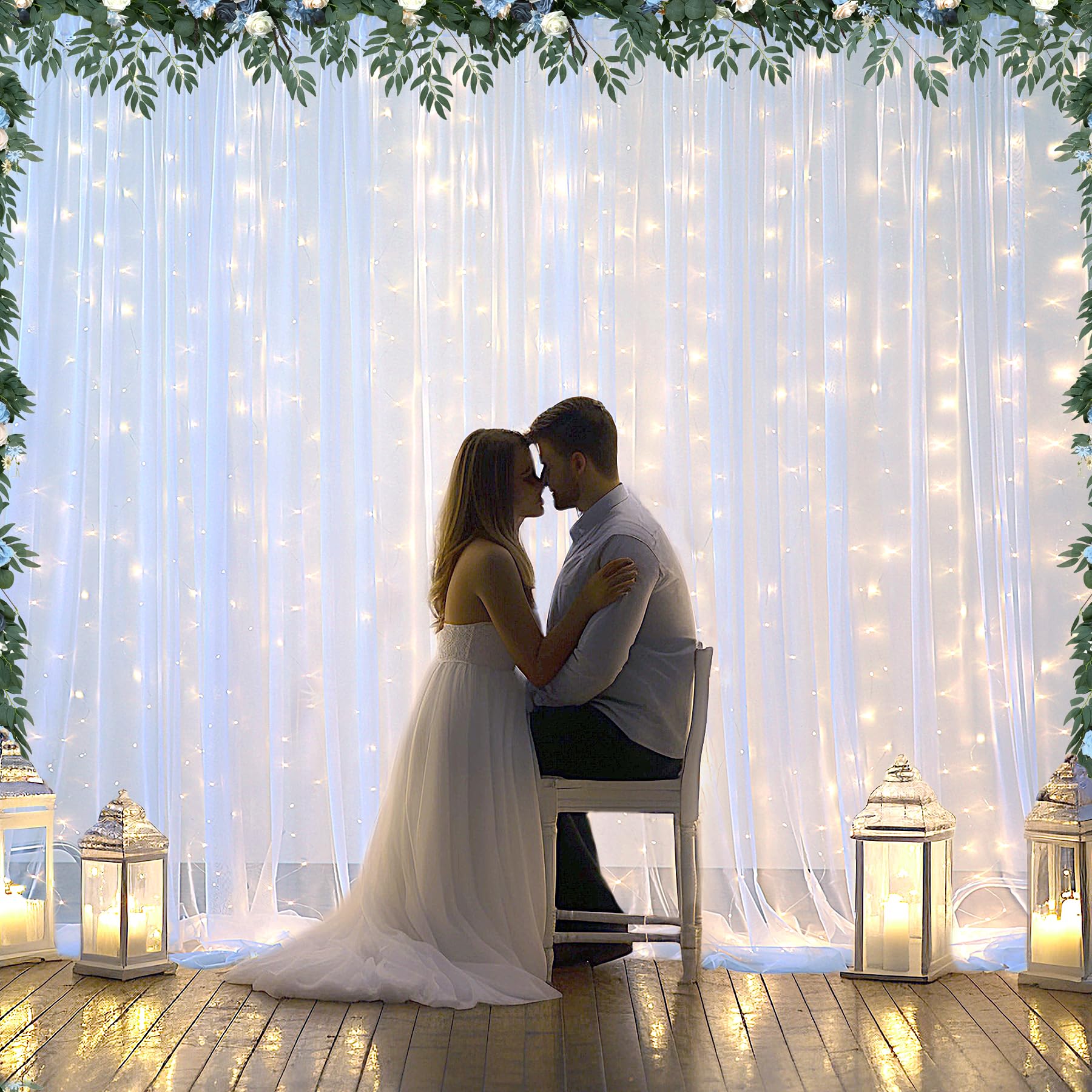 White Tulle Backdrop Curtain With Lights String For Parites 10  8Ft Sheer Backdrop Curtains White Curtain Backdrop For Wedding B