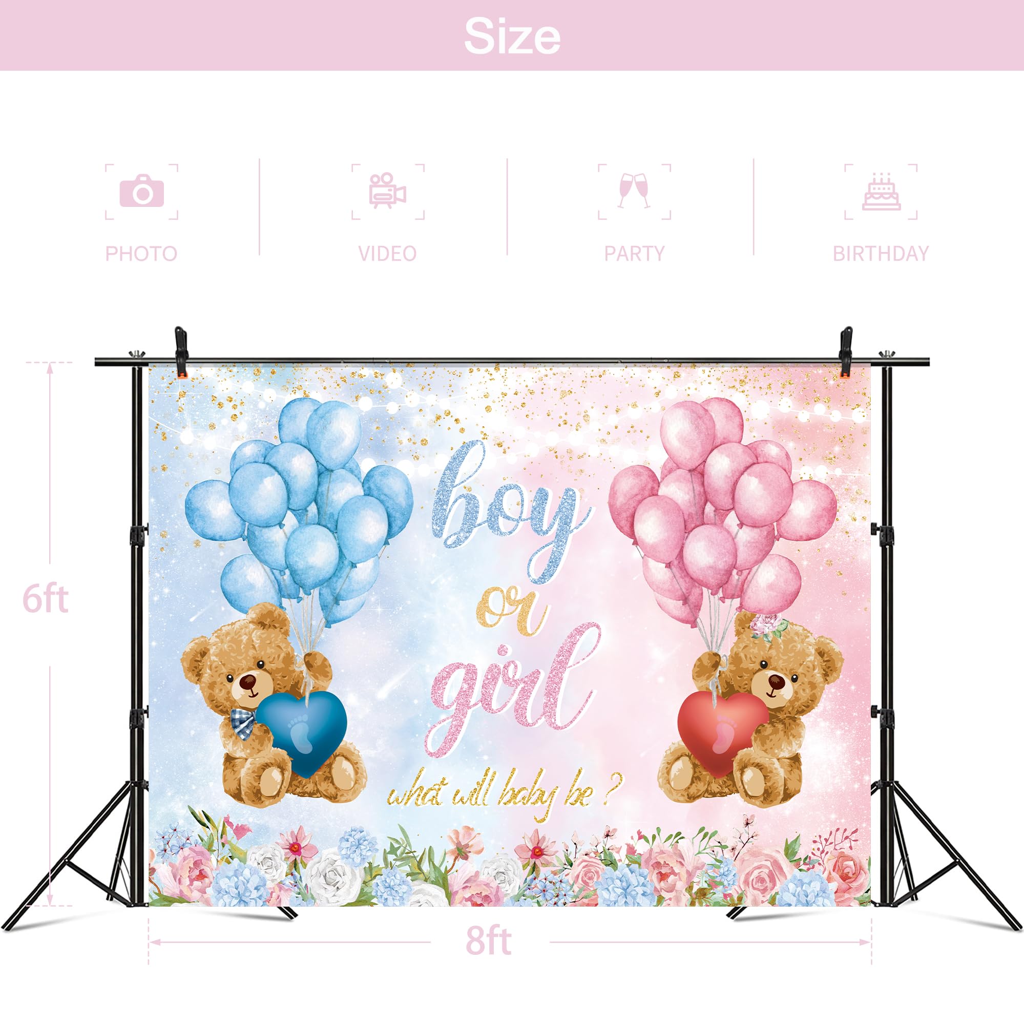 Omifly Bear Gender Reveal 8Wx6H Backdrop For Photography Boy Or Girl Pink Blue Balloon Floral Rose For Newborn Baby Shower Backg