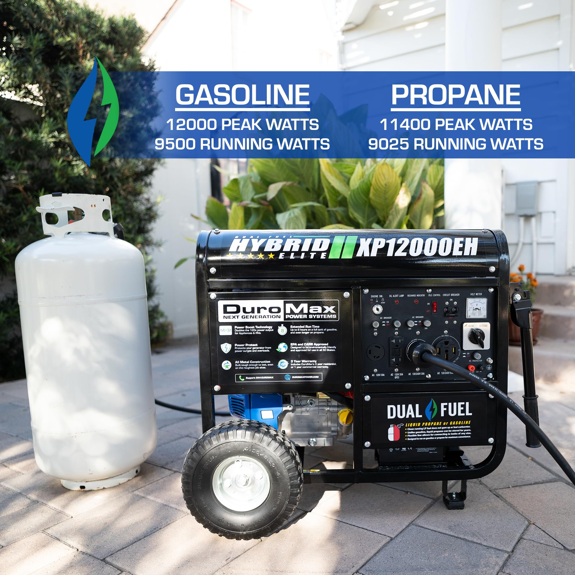 DuroMax XP12000EH Dual Fuel Portable Generator - 12,000-Watt, Electric Start, Black and Blue, Whole Home Backup Power