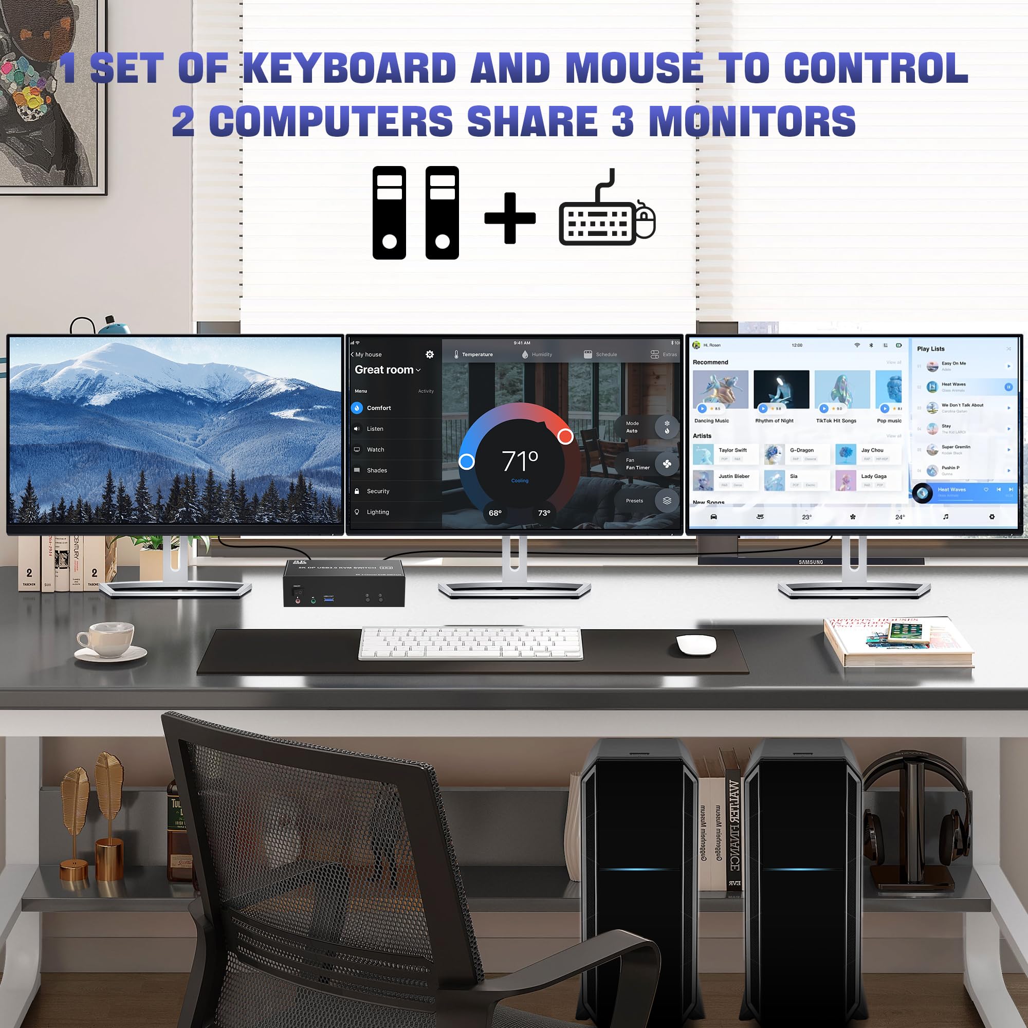 8K@60Hz Displayport Kvm Switch Usb 3.0 Triple Monitor For 2 Computer, Kvm Switch 3 Monitors 2 Computers With Audio And 3 Usb 3.0