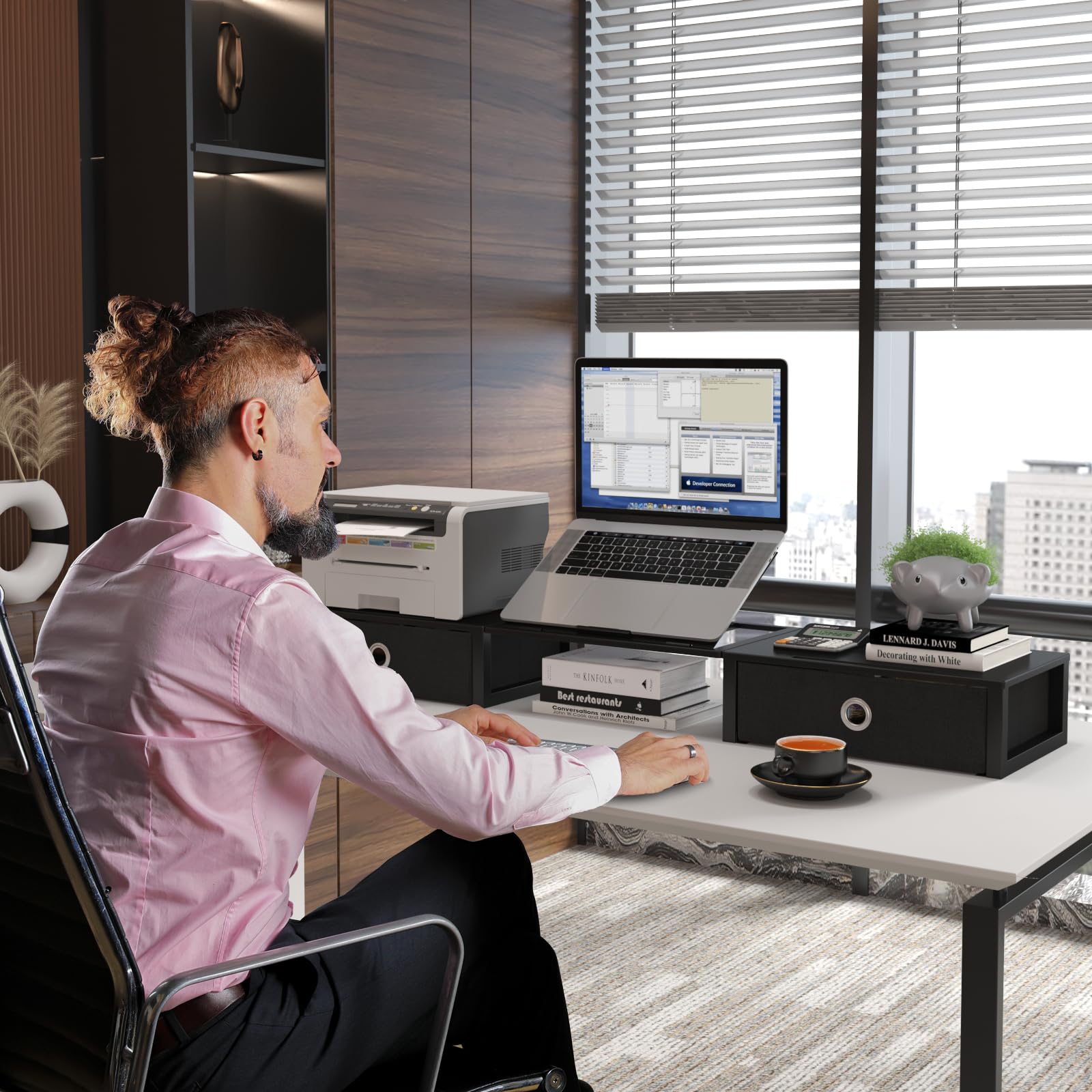 Westree Monitor Stand Riser With Adjustable Laptop Stand Riser, Steel Frame Dual Monitor Stand With Two Drawers For 2 Monitors,