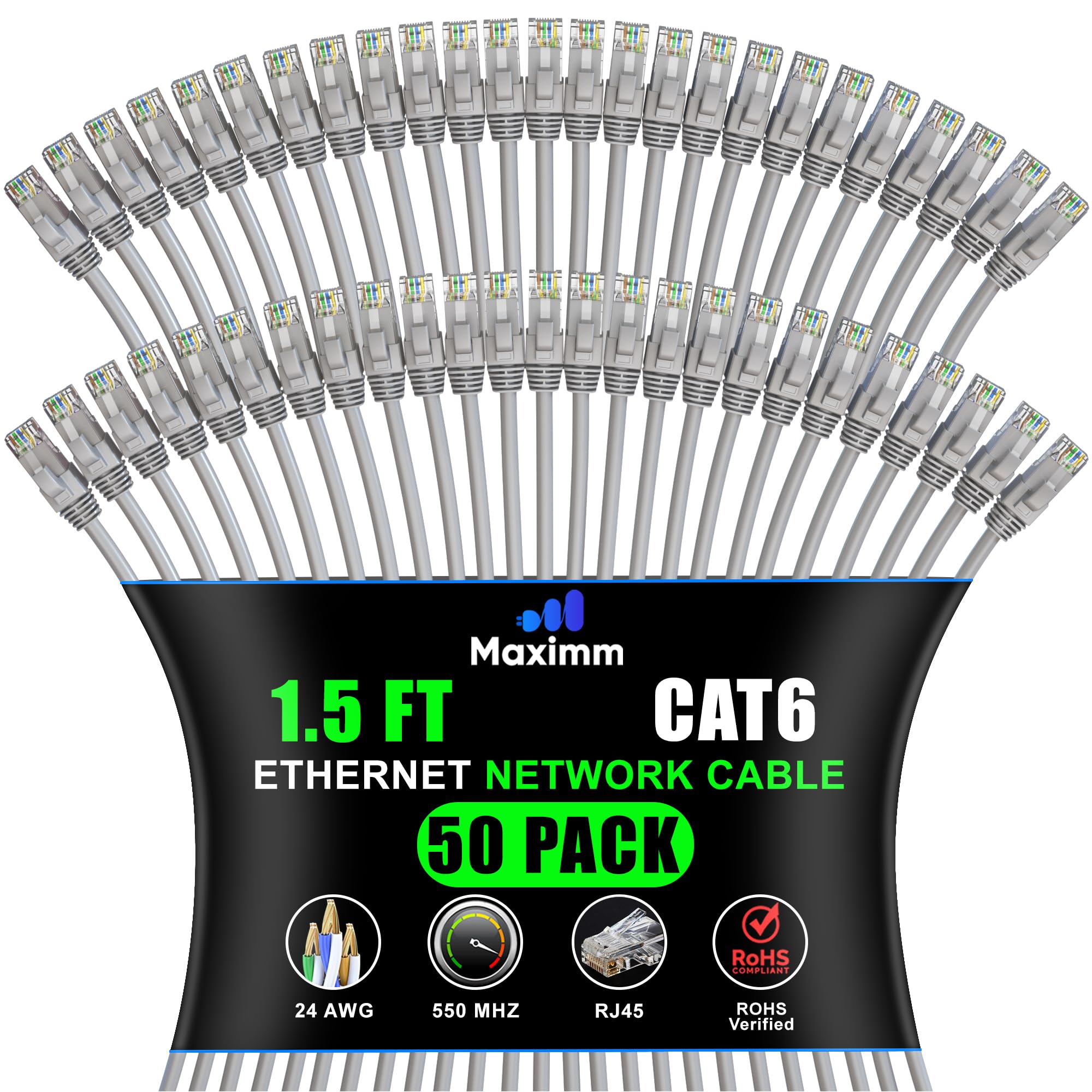 Maximm Cat 6 Ethernet Cable 1.5 ft (50-Pack) - High-Speed LAN, Internet, Patch, and Network Cord - UTP, 10Gbps, 550MHz - Gray
