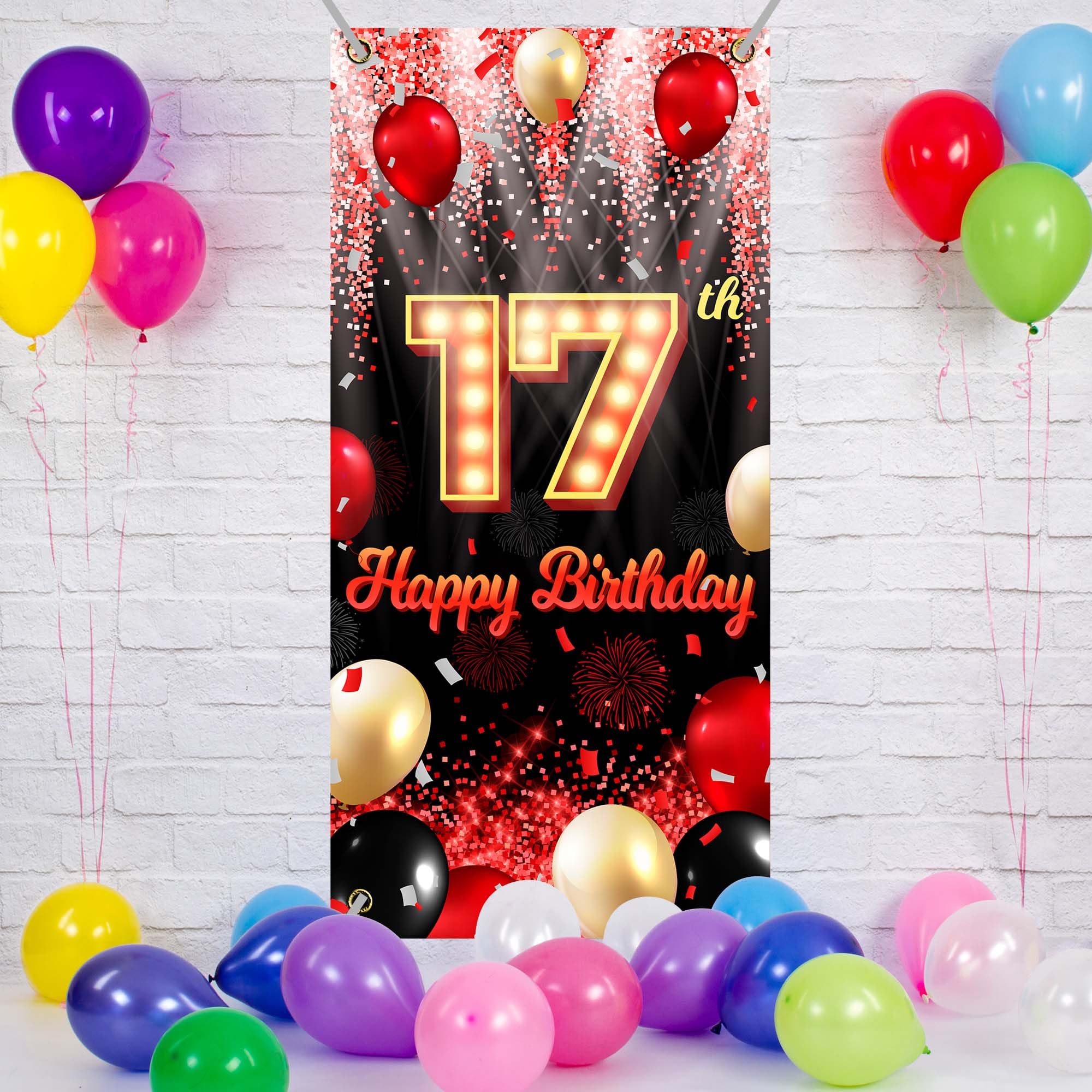 Happy 17Th Birthday Backdrop Banner Black And Red Theme Background With Neon Shiny Fashion Birthday Party Photo Photography Prop