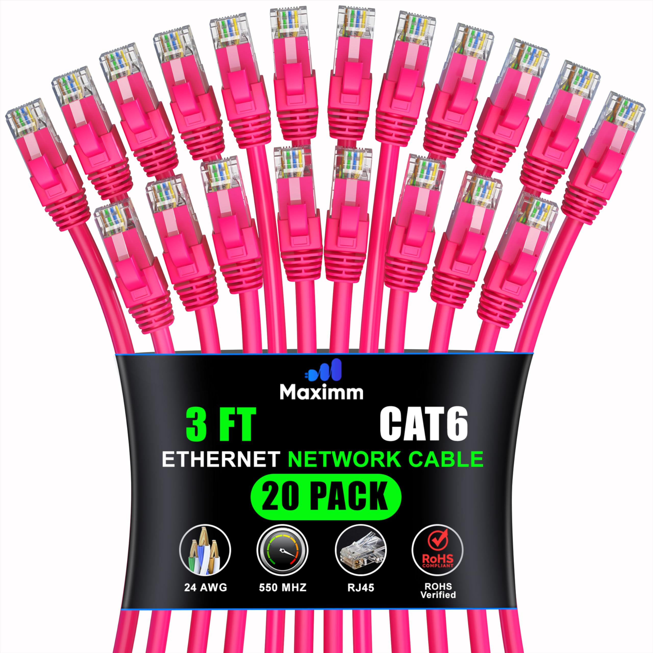 Maximm Cat 6 Ethernet Cable 3 Ft (20 Pack)   High Speed Lan Cable, Internet Cable, Patch Cable, And Network Cable   Utp, 10Gbps, 550Mhz Ethernet Cord   Pink
