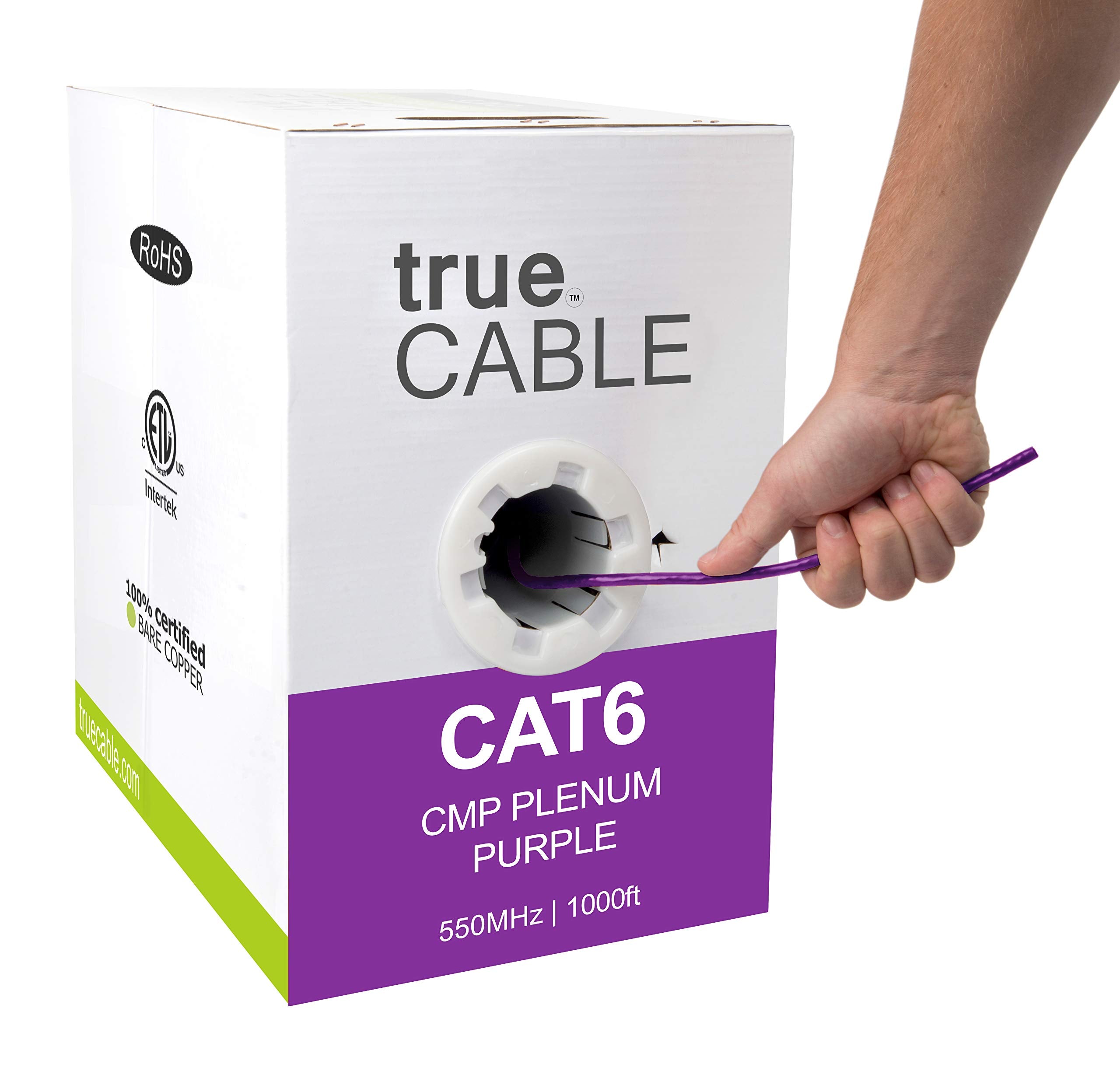 Truecable Cat6 Plenum (Cmp), 1000Ft, Purple, 23Awg 4 Pair Solid Bare Copper, 550Mhz, Poe++ (4Ppoe), Etl Listed, Unshielded Twisted Pair (Utp), Bulk Ethernet Cable