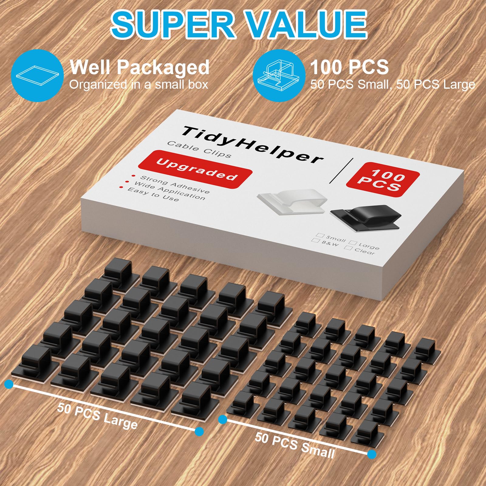 100 Pcs Adhesive Cable Clips Black (Small & Large), Upgraded Wire Holder For Wall Cord Organizer Cable Management Under Desk, Ou