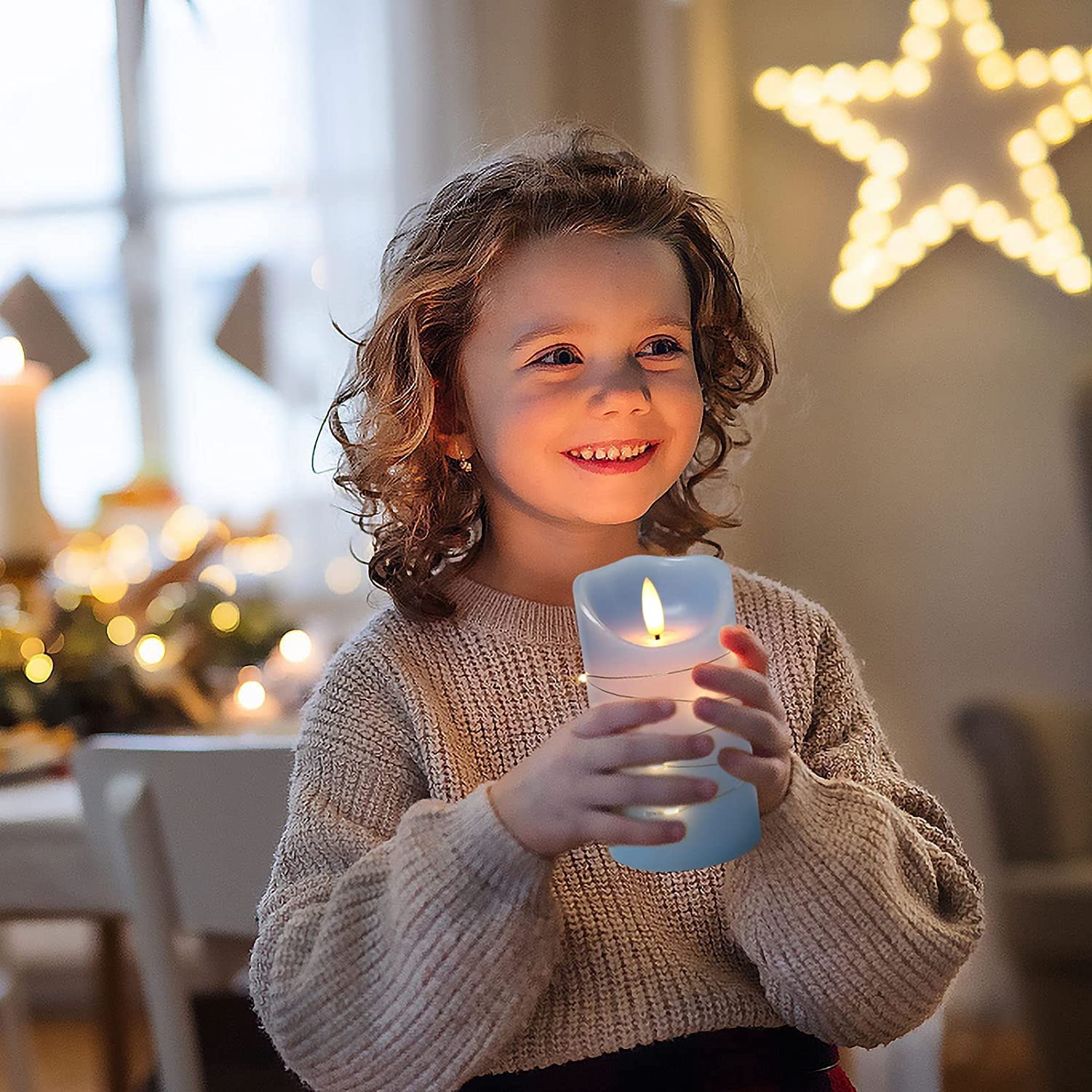 Danip Sky Blue Led Flameless Candle, With Embedded Star String, 3 Piece Set Of Led Candles, With 11 Button Remote Control, 24 Ho