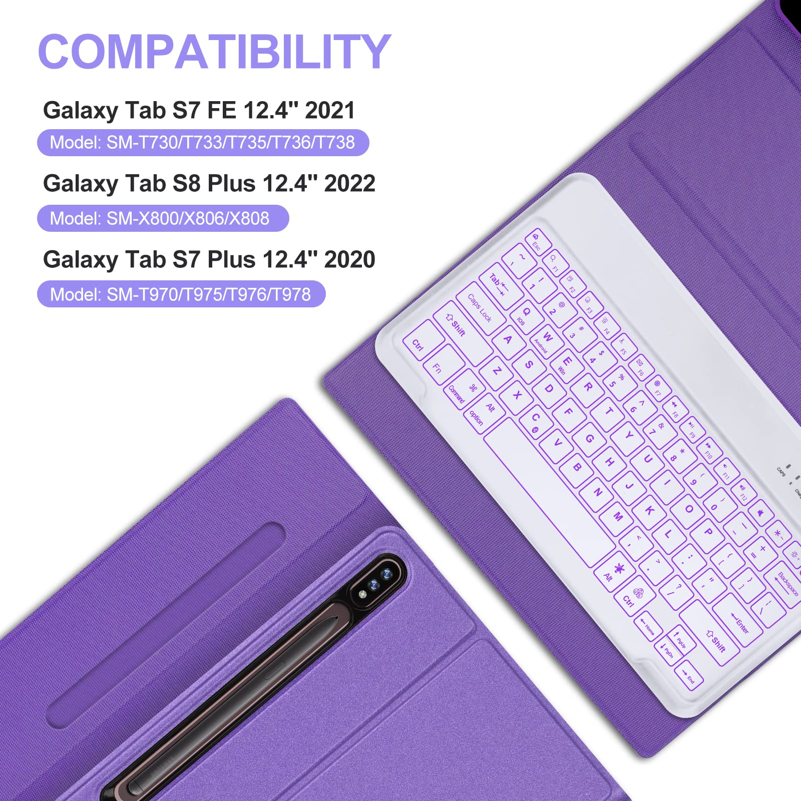 Galaxy Tab S7 Fe Keyboard Case 12.4''  7 Color Backlight Detachable Wireless Keyboard, Slim Multi Angle Cover With S Pen Holder