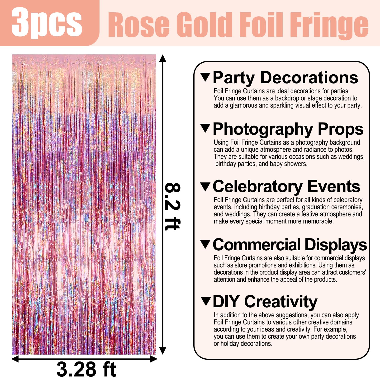 3 Pack Rose Gold Foil Fringe Curtain Backdrop, 3.28Ft X 8.2Ft Metallic Tinsel Foil Fringe Streamer Curtains For Photo Booth, Val