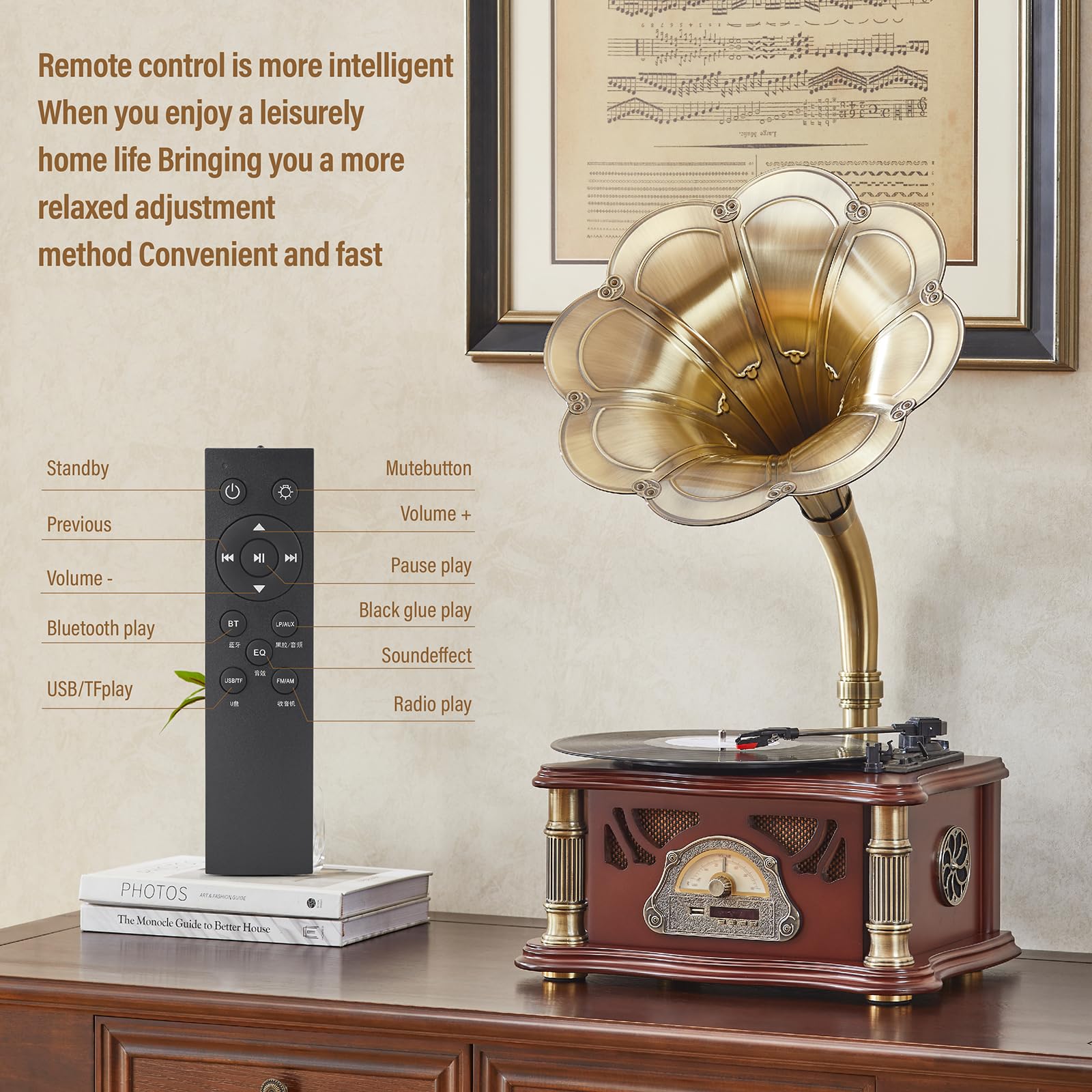 Hzlsbl Vintage Gramophone With Bluetooth Output Vintage Record Players Retro Gramophone Turntables For 7'' 9'' 12'' Vinyl Record