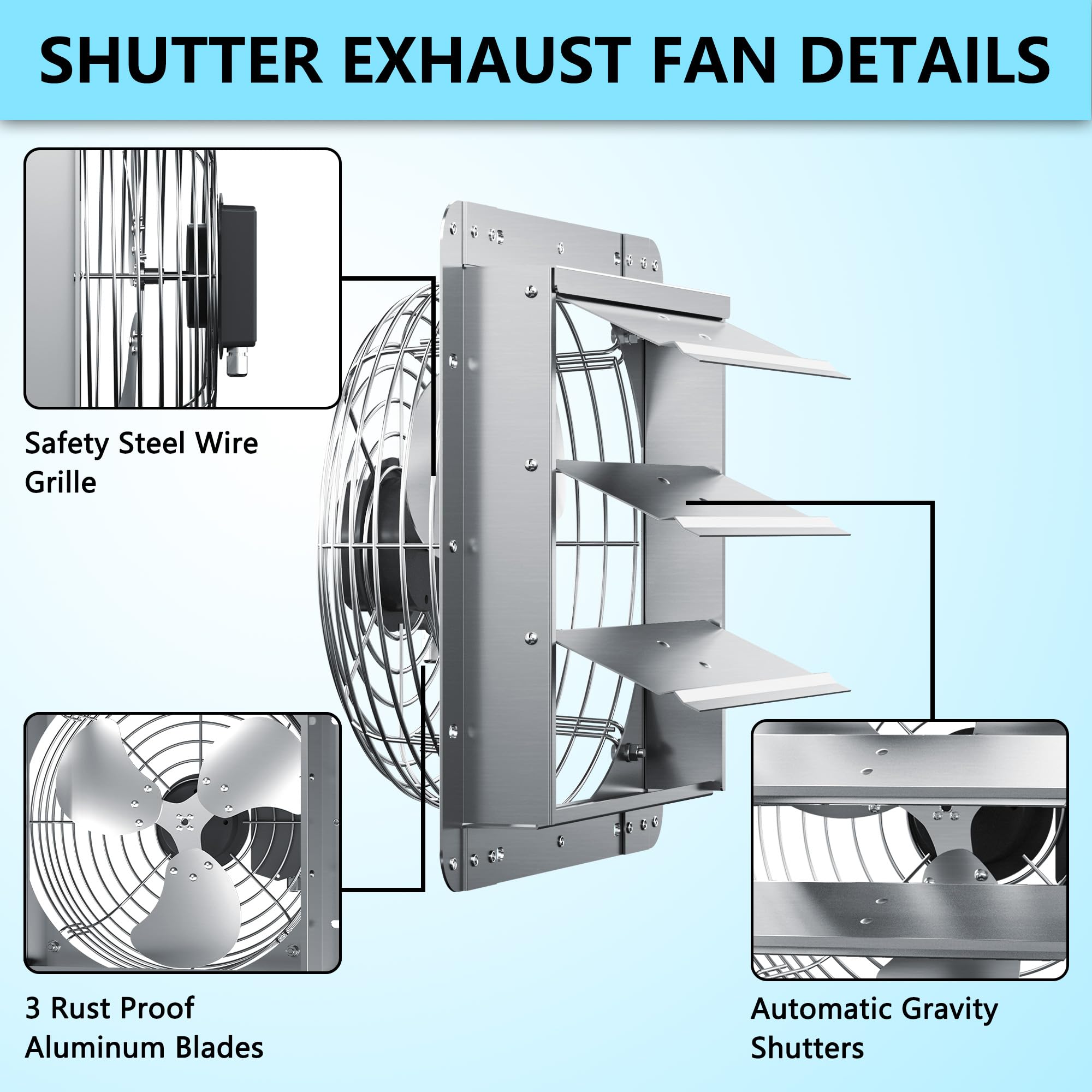 Ficbxra 16 Inch Shutter Exhaust Fan, Aluminum Wall Mounted Exhaust Fan, 2060 Cfm High Speed Automatic Shutter Attic Fan, Vent Fa