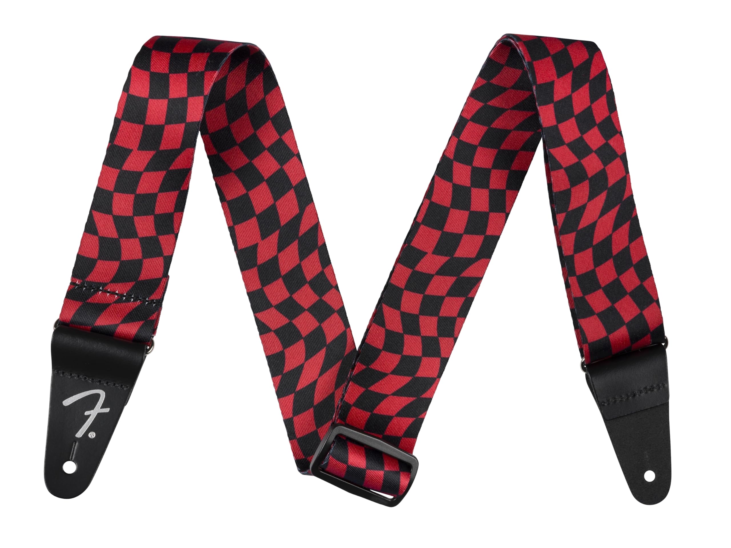 Fender Wavy Checkerboard Polyester Guitar Strap, Adjustable from 34-59, Leather Ends, Red