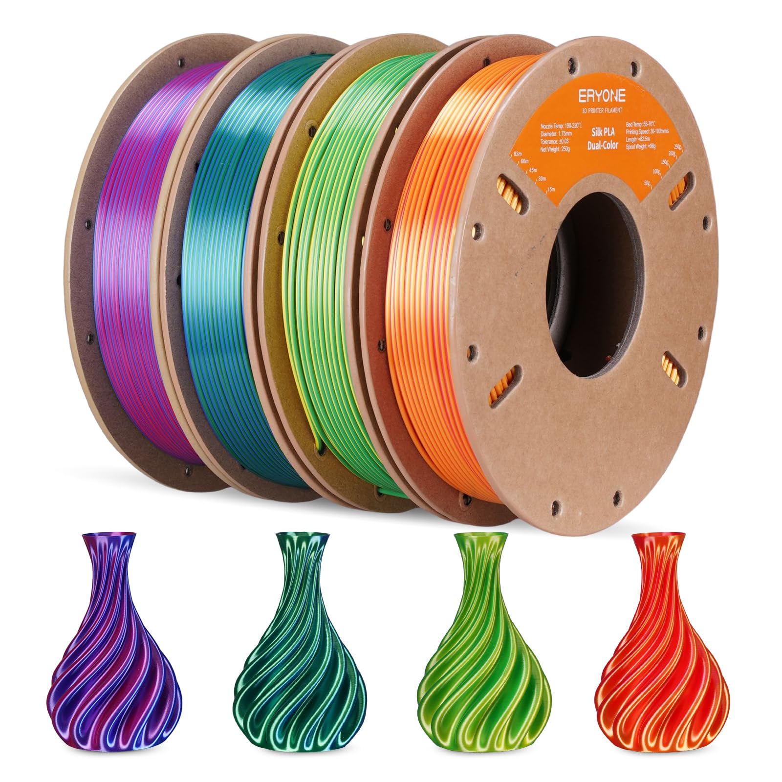 ERYONE Silk Coextrusion PLA Shiny 3D Printer Filament Bundle, PLA Filament 1.75+/-0.03mm, 3D Printing Filament 250gX 4 Spools, S