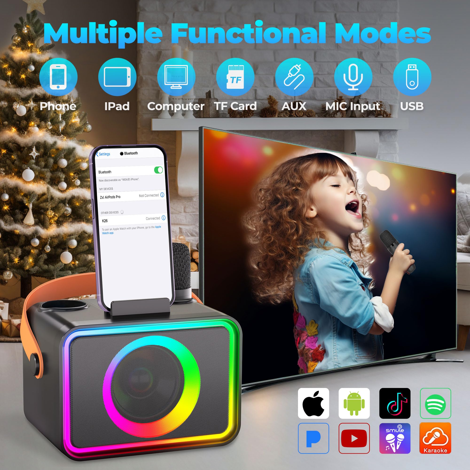 Karaoke Machine,Portable Bluetooth Karaoke Speaker With 2 Wireless Microphone For Adults & Kids With Led Lights, Karaoke Microph