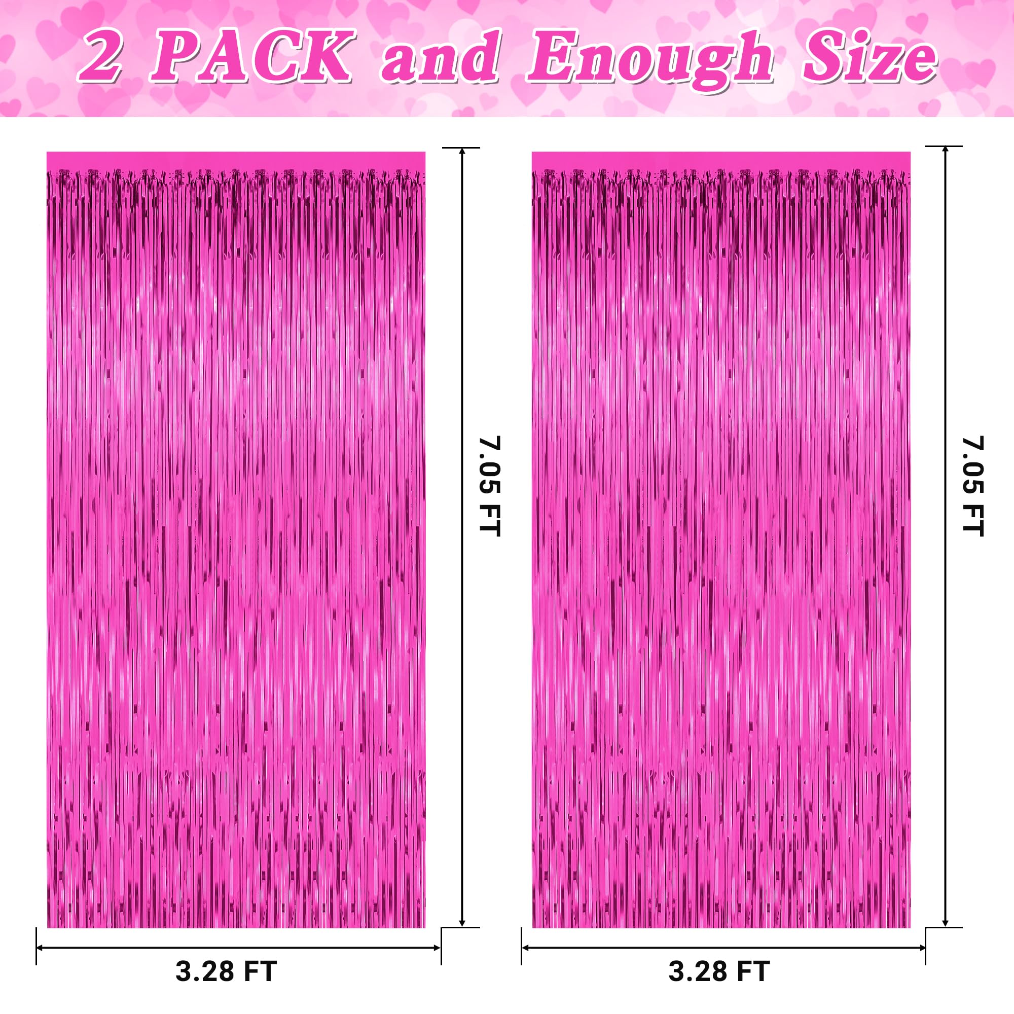 2 Pack Valentines Party Decorations, 3.28 Ft X 7.05 Ft Hot Pink Backdrop, Metallic Valentines Photo Backdrop Foil Curtains Tinse