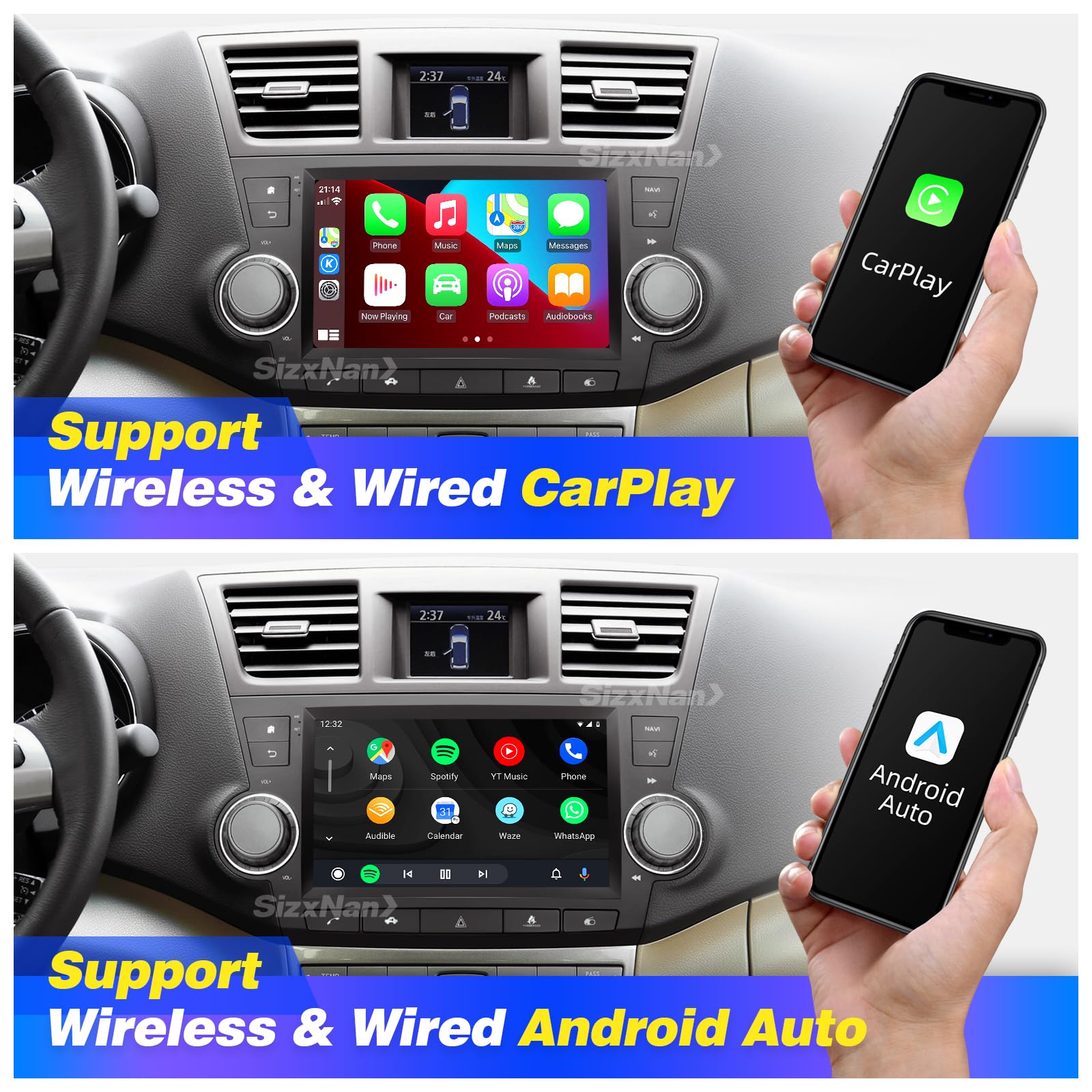 Sizxnanv For Highlander Upgrade Android Radio Compatible With Carplay Android Auto,Car Stereo Touch Screen Bluetooth Navigation