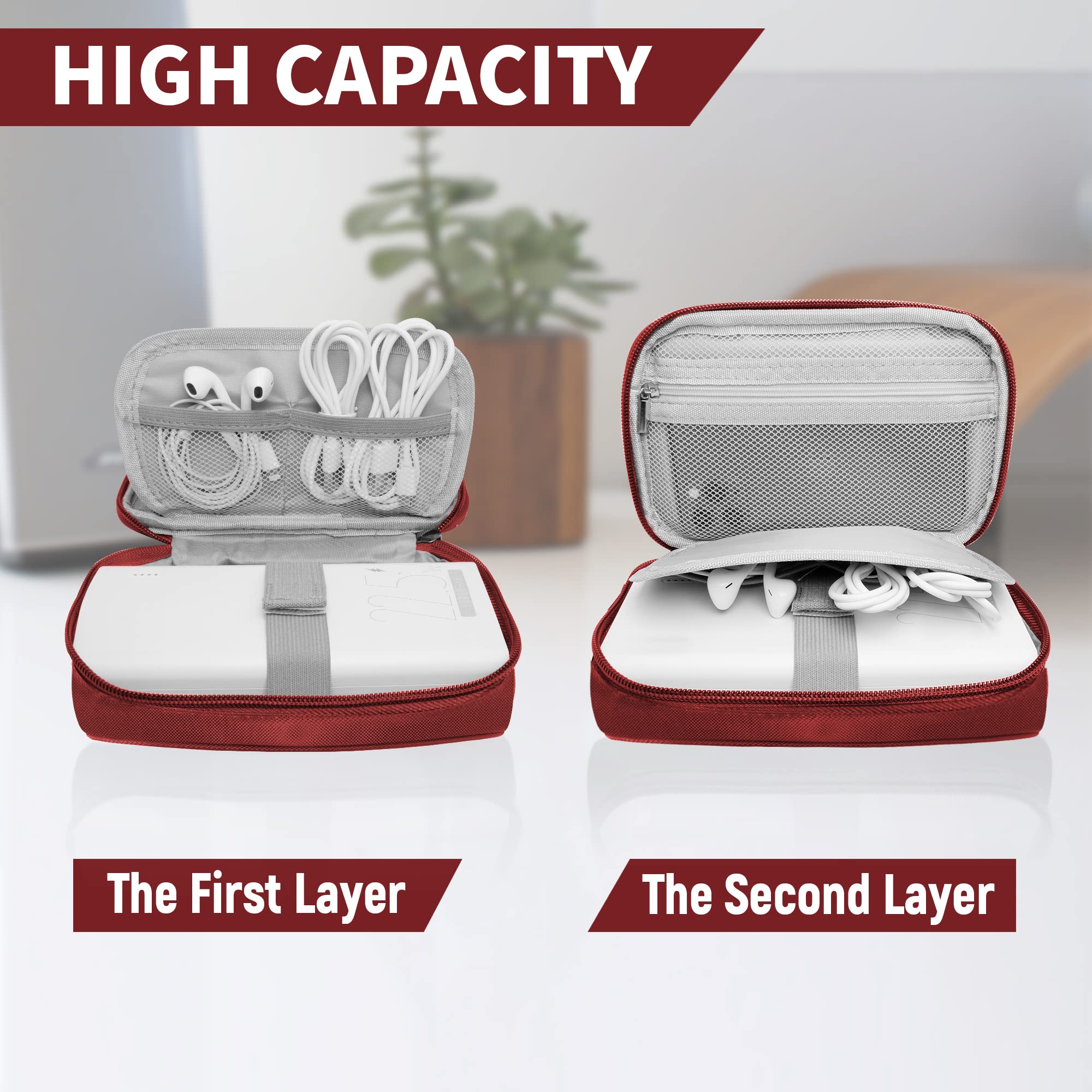 Lcsmaokin Travel Cable Organizer Bag Portable Electronic Accessories Case Polyester Wine Red Small