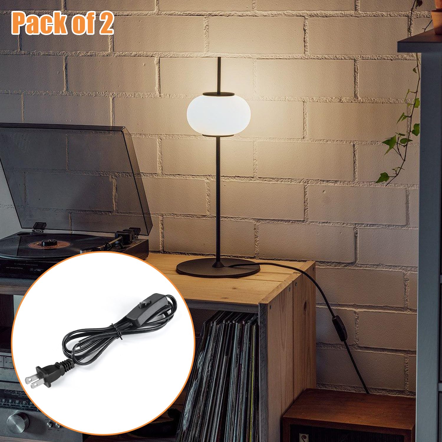 Asjeumt 2Pcs 8Ft Lamp Cord With Switch, Black Lamp Cord Set With Plug, Spt 2 Wire On Off Button Switches 2 Polarized Plug 18Awg