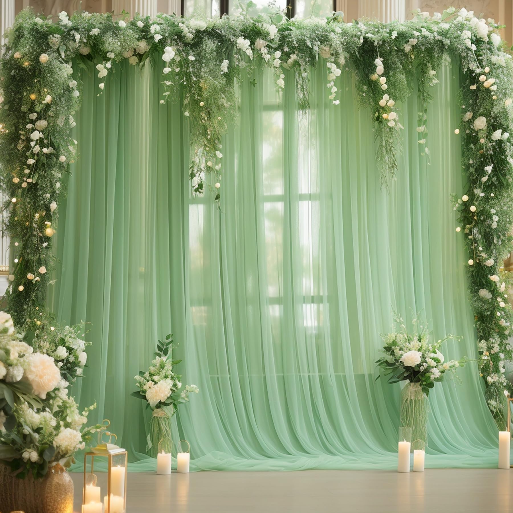 10X10 Green Tulle Backdrop Curtains For Parties, Sheer Backdrop Curtain Wedding Photo Backdrop Drapes For Baby Shower Photograph