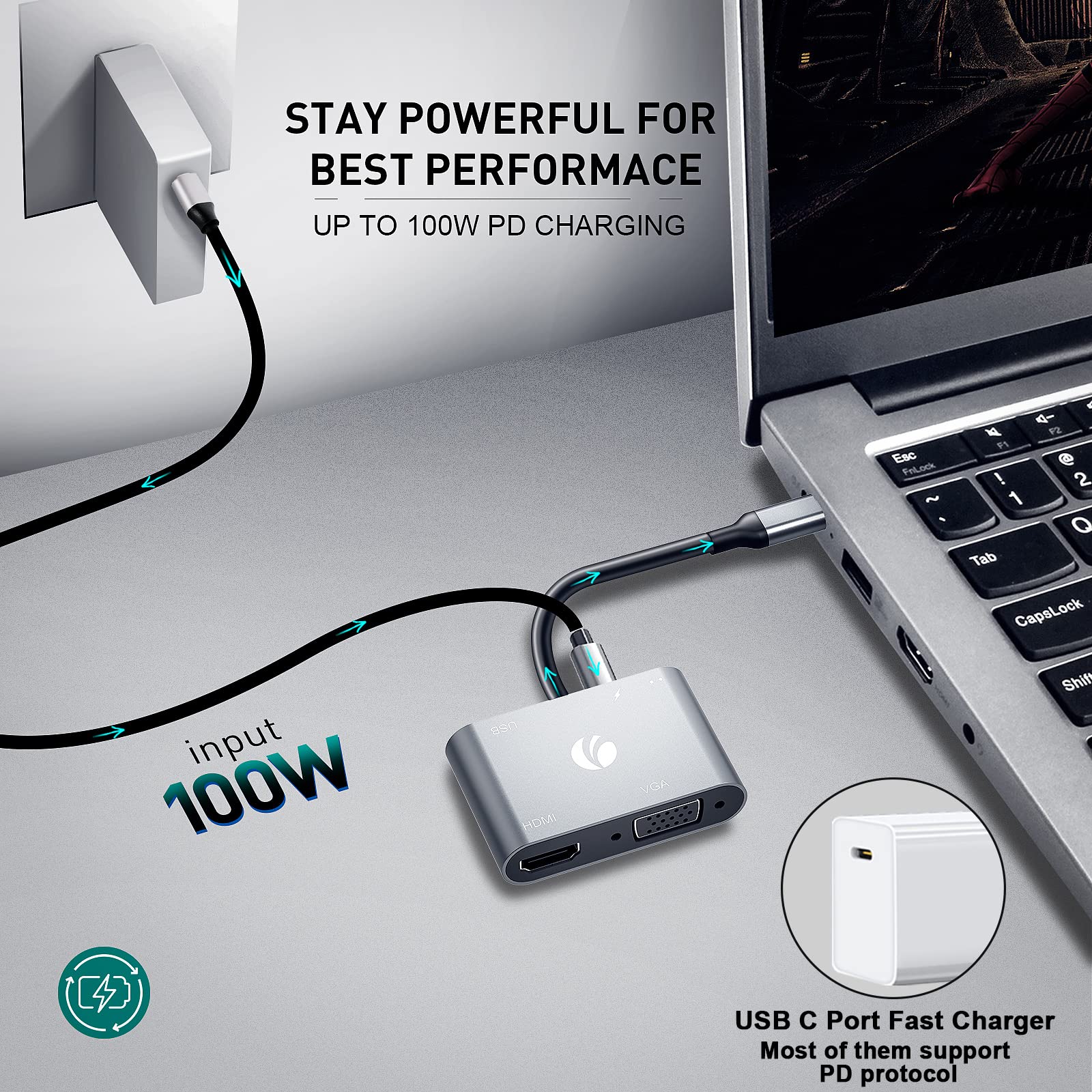 Vcom Usb C To Hdmi Vag Adapter, 5 In 1 Usb C Hub With 100W Power Delivery, 4K Hdmi, 1080P Vga, Usb 3.0 Port, Otg Adapter Compati