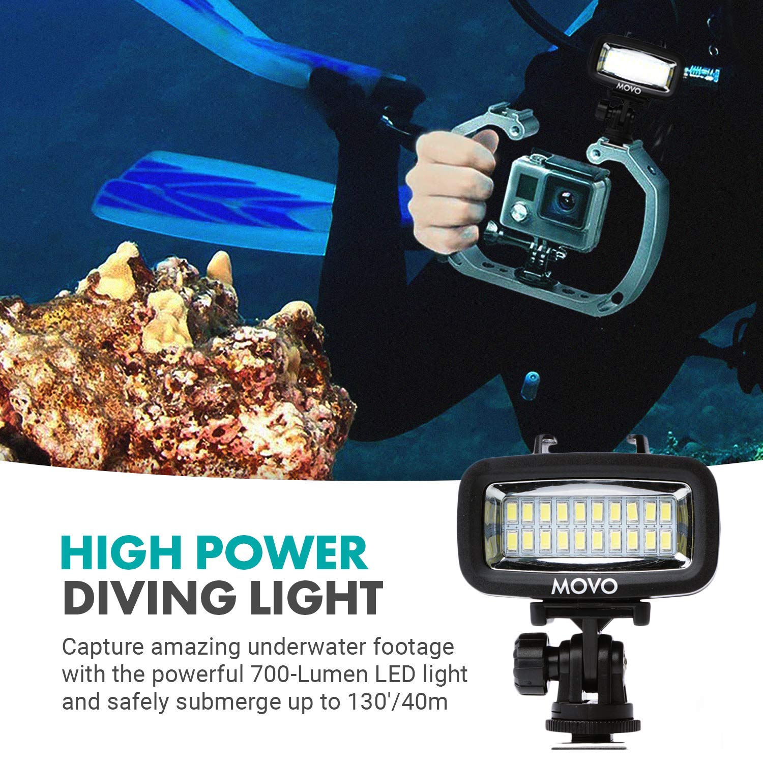 Movo Led Wp Underwater High Power Rechargeable Led Video Light With Action Camera And Shoe Mounts, Compatible With Gopro, Dslr