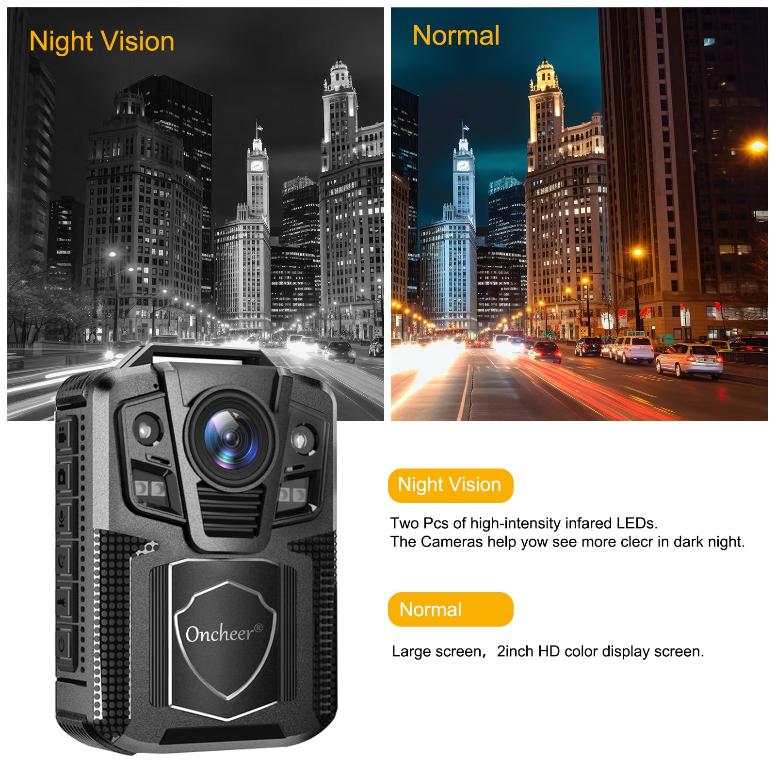 Oncheer 1080P Patrol Sport Body Camera, Video Recorder Cams With 64G Sd Card, Shoulder & Waist Clip, Infrared Night Vision Bodyc