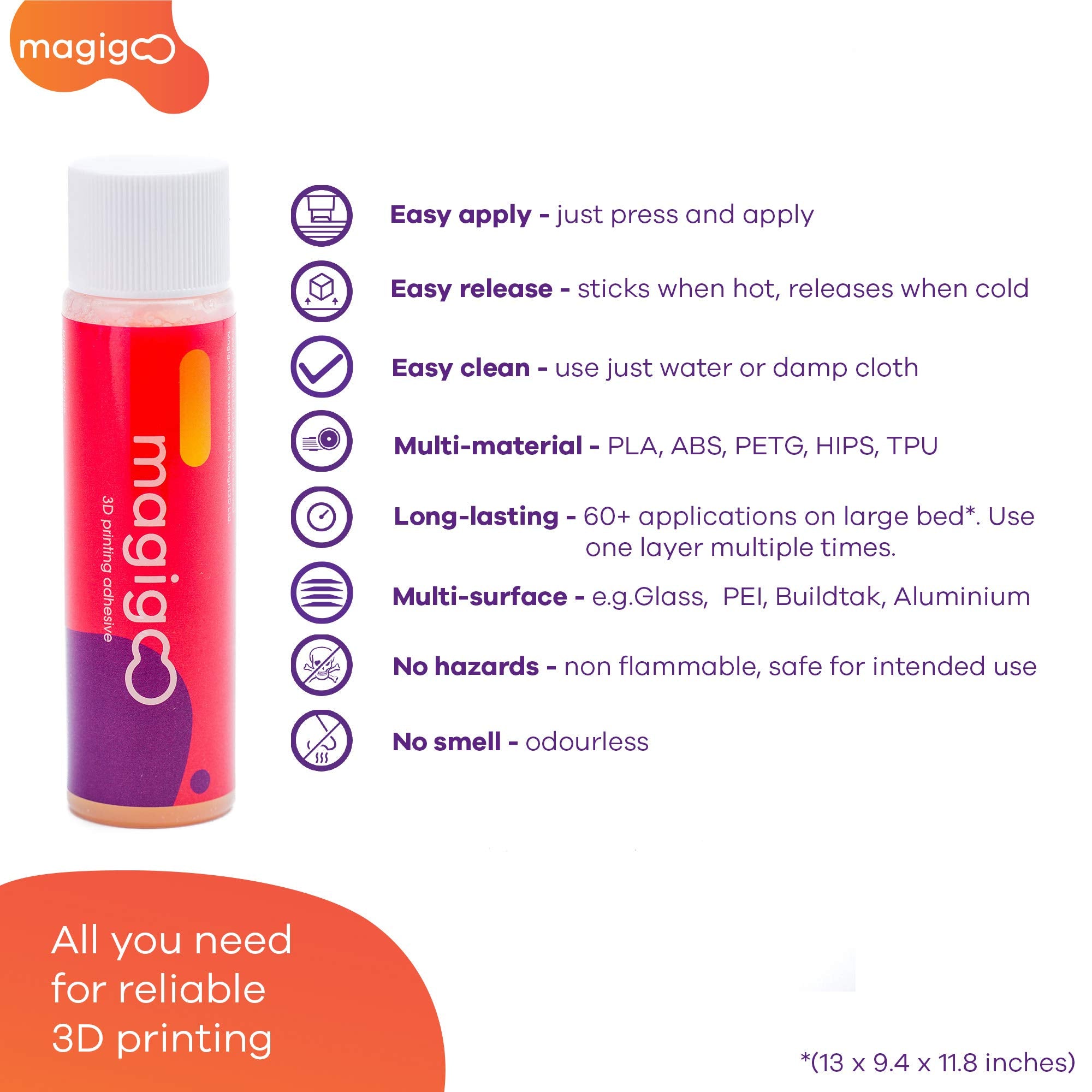 Magigoo Mo2016 All In One 3D Printer Adhesive Glue, Reduces Warping For Abs, Pla, Petg, Hips And Tpu Filament On Glass, Flex Pla