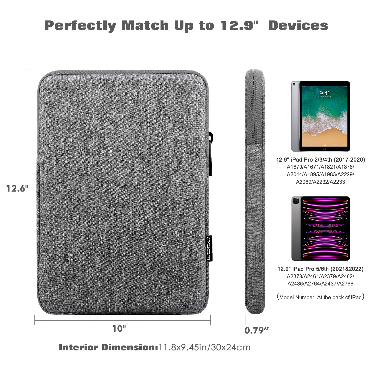 MoKo 12.9 Inch Tablet Sleeve Fits 13 Inch New iPad Pro M4 & Air M2 2024,iPad Pro 12.9 M2&M1,Galaxy Tab S8+/S9+ 12.4,Polyester Bag Fit with Apple Pencil or Smart Keyboard, Light Gray