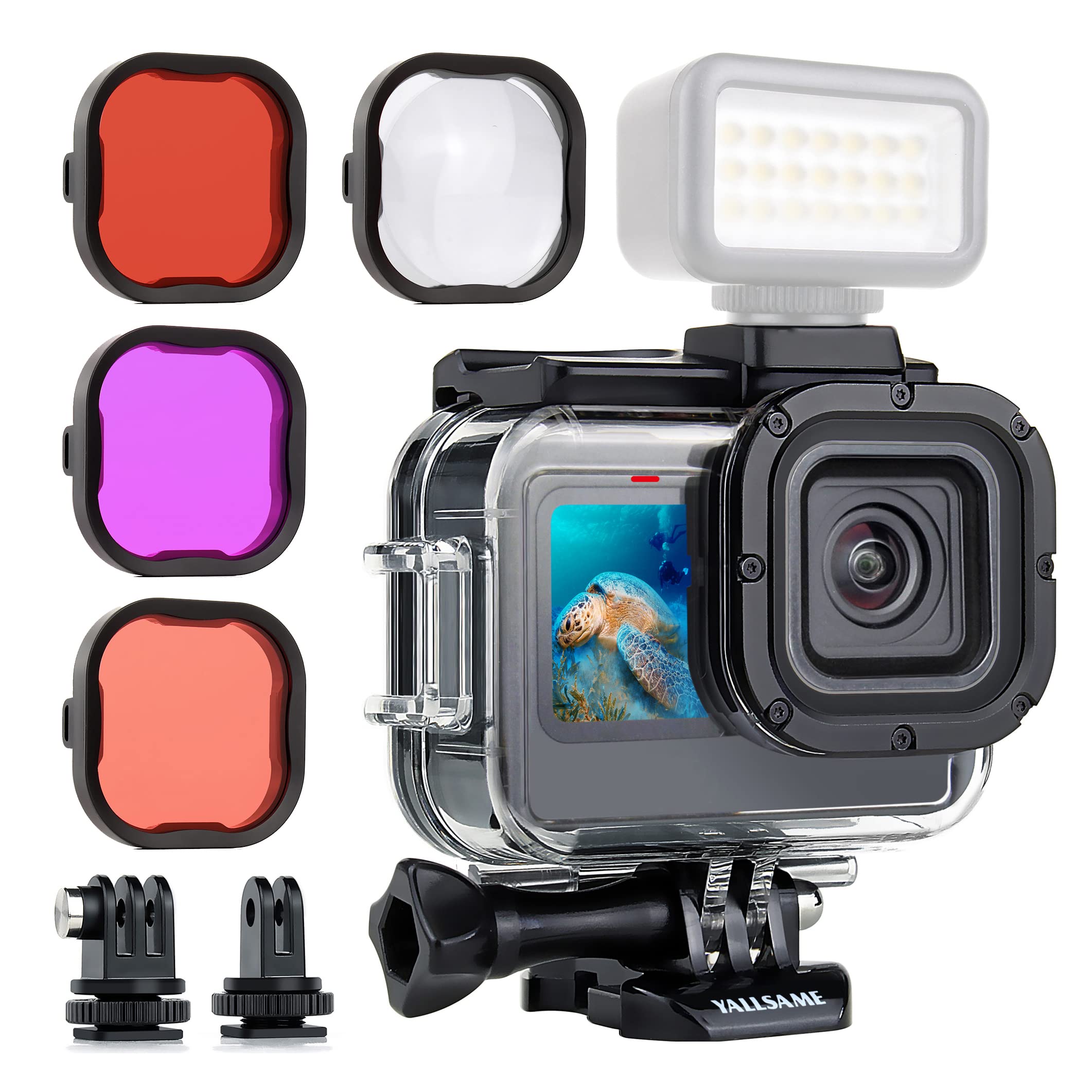 Yallsame Waterproof Case For Gopro Hero 12 Hero 11 Hero 10 Hero 9Black With 4 Filters & Expansion Adapters 196Ft Underwater Dive
