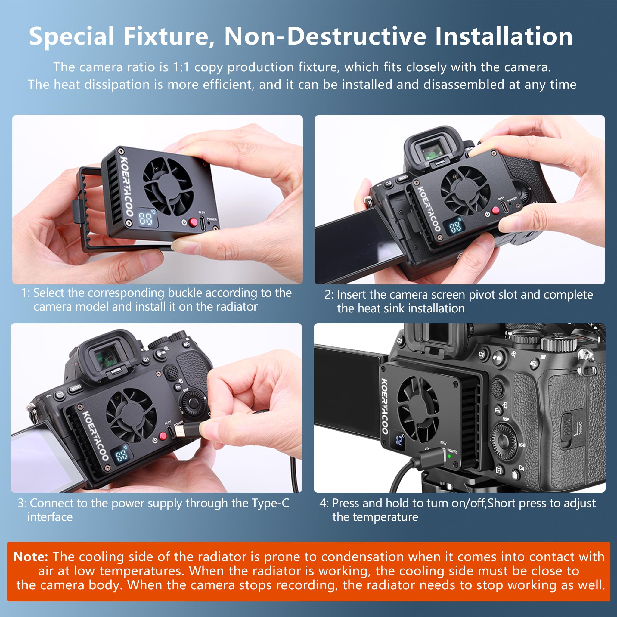 Koertacoo Camera External Cooling System/Cooling Fan   With Cooling Sheet And Digital Temperature Control   For Sony A7M4/Zve1/A6700/A7C2/Zv E10/A7C/Fx3,For Canon R6/R7, For Fujifilm X T4/Xs10 Cameras