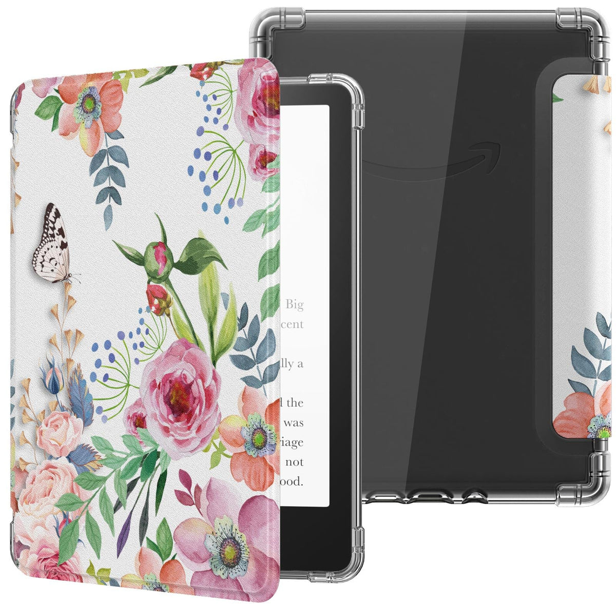 MoKo Case for 6.8' Kindle Paperwhite 11th Generation 2021&Kindle Paperwhite Signature Edition, Ultra Clear Soft Flexible Transparent TPU Back Cover Light Shell with Auto Wake/Sleep, Fragrant Flowers