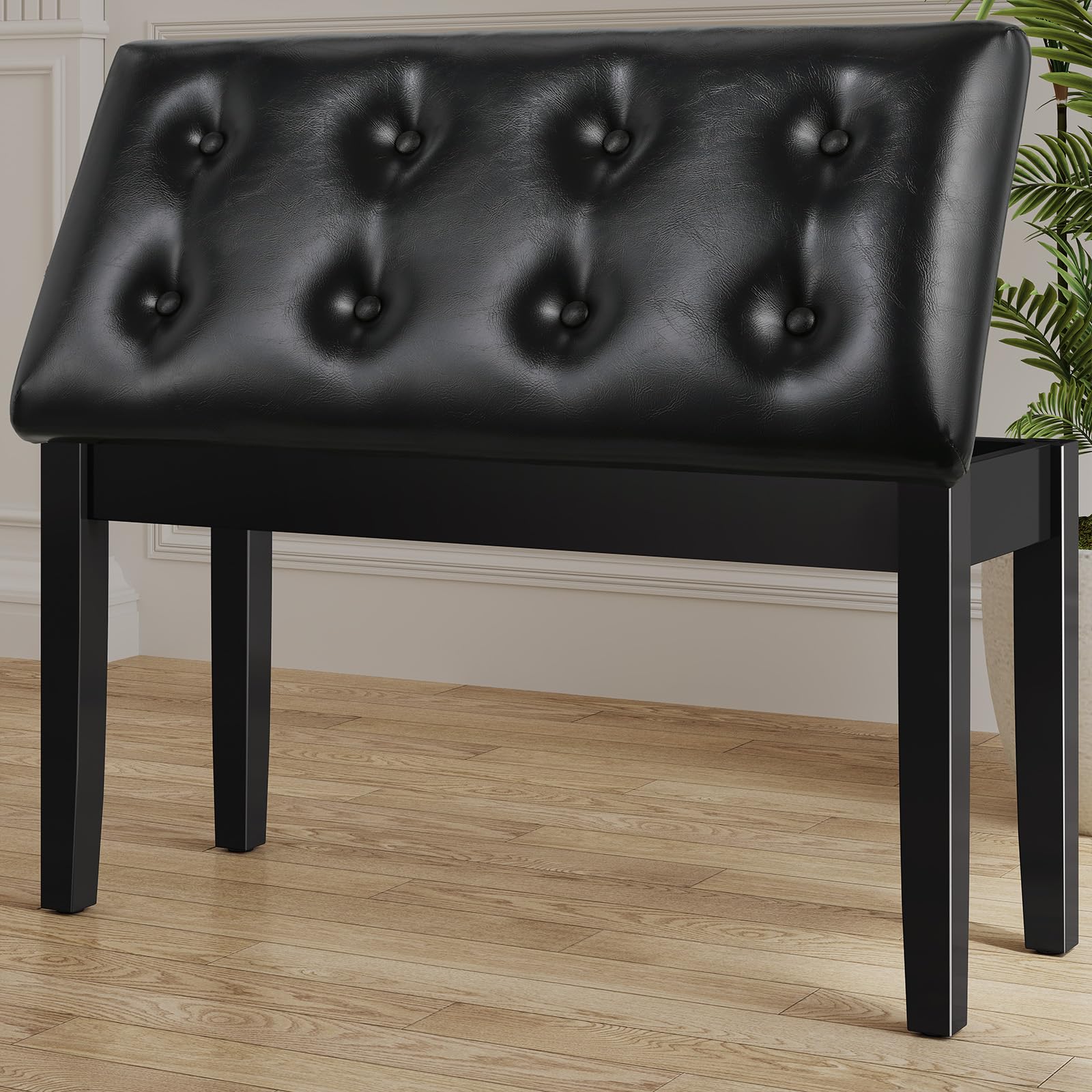 LIFERUN Black Wooden Duet Piano Bench with Storage, Padded Faux Leather Cushion Seat Piano Stool, Storage Compartment for Music 