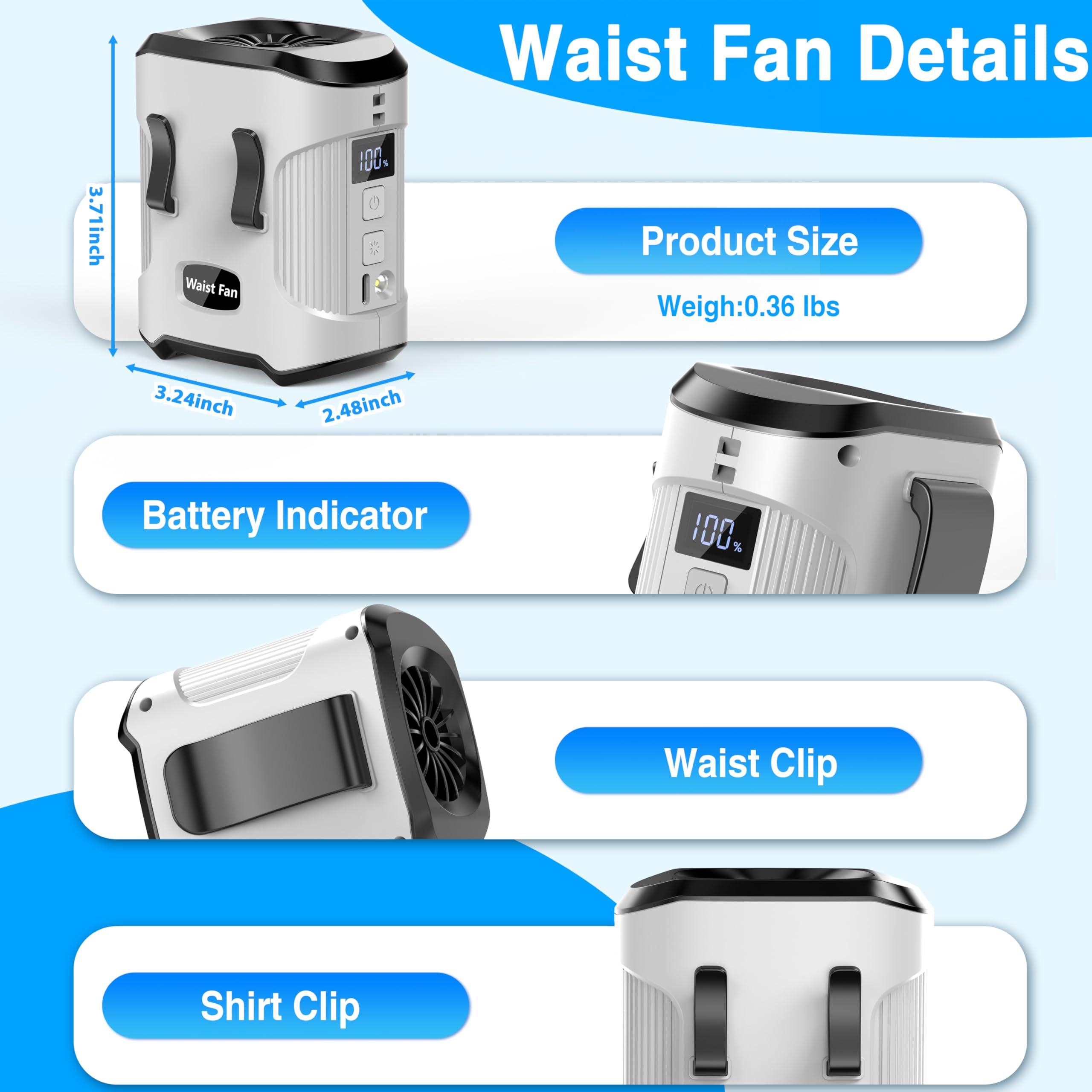 Sunoony Waist Fan Clip On Shirt Belt Body Wearable Hand-Free Rechargeable Battery Powered Fan With 3 Speed & Flashlight Cooling