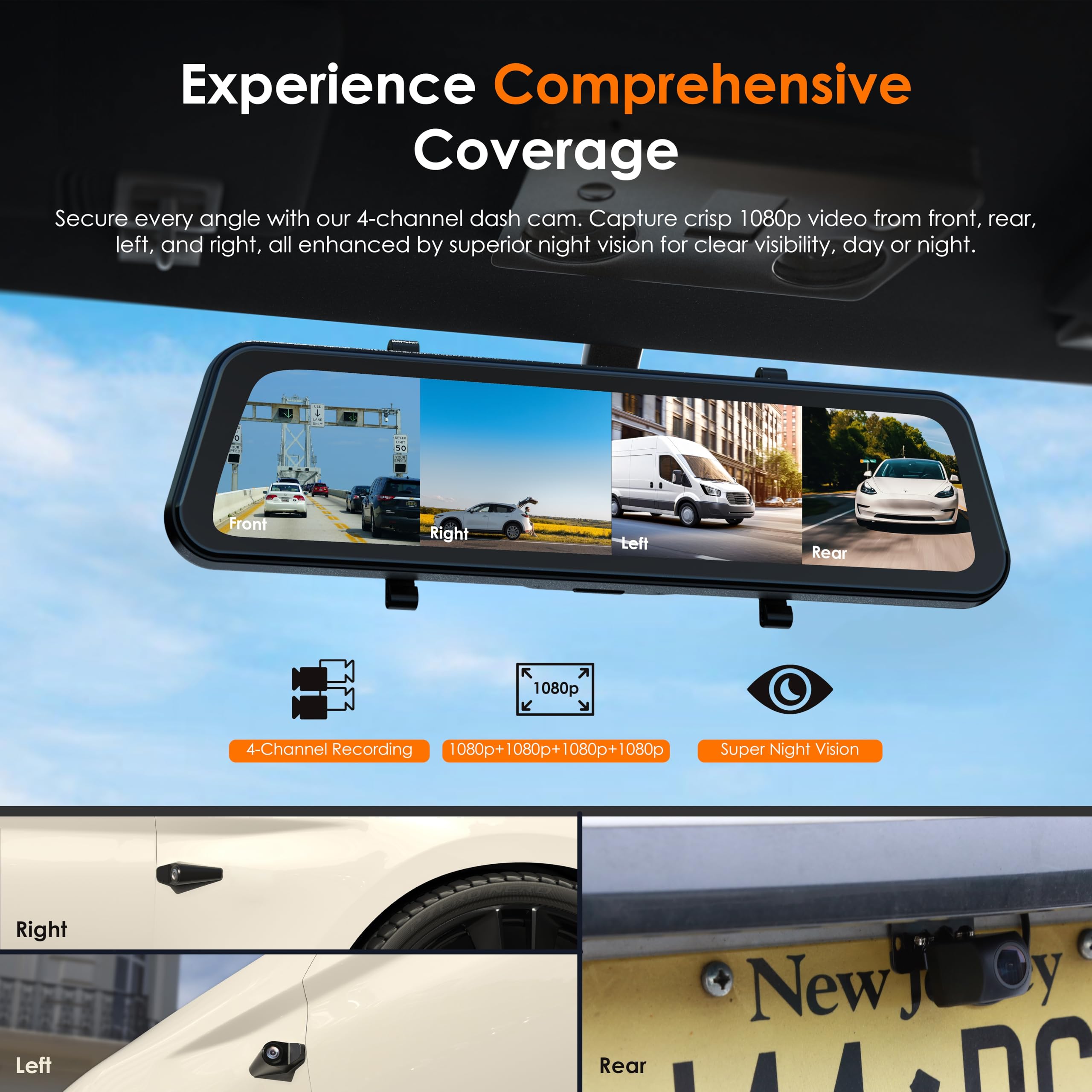 Uzivo U24 Mirror Dash Cam, 4 Channel, 12    Touchscreen, 1080P, 170 Wide Angle, Stream Media, Auto Backup Camera For Car, Truck,