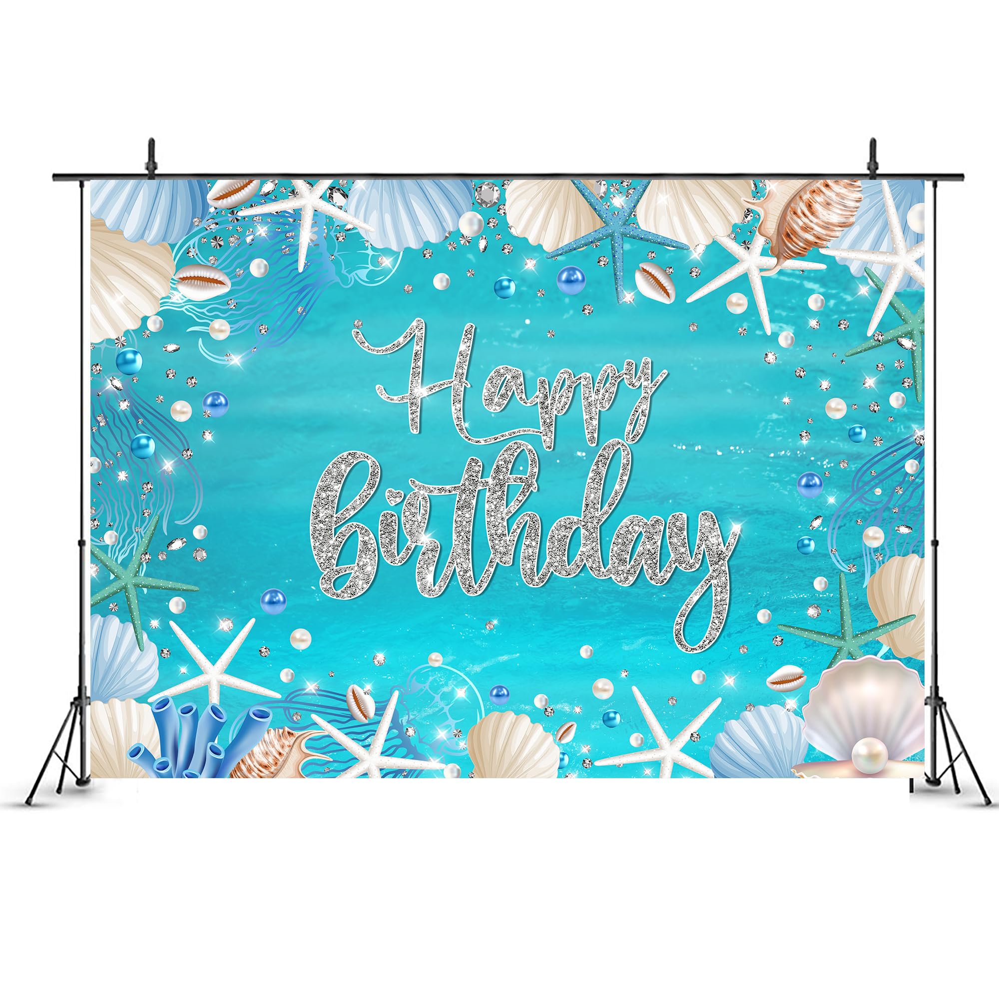 Ufeela Ocean Birthday Backdrop Summer Underwater Sea Happy Birthday Banner Blue Starfish Seashell Mermaid Diamonds Pearl 7Wx5H F