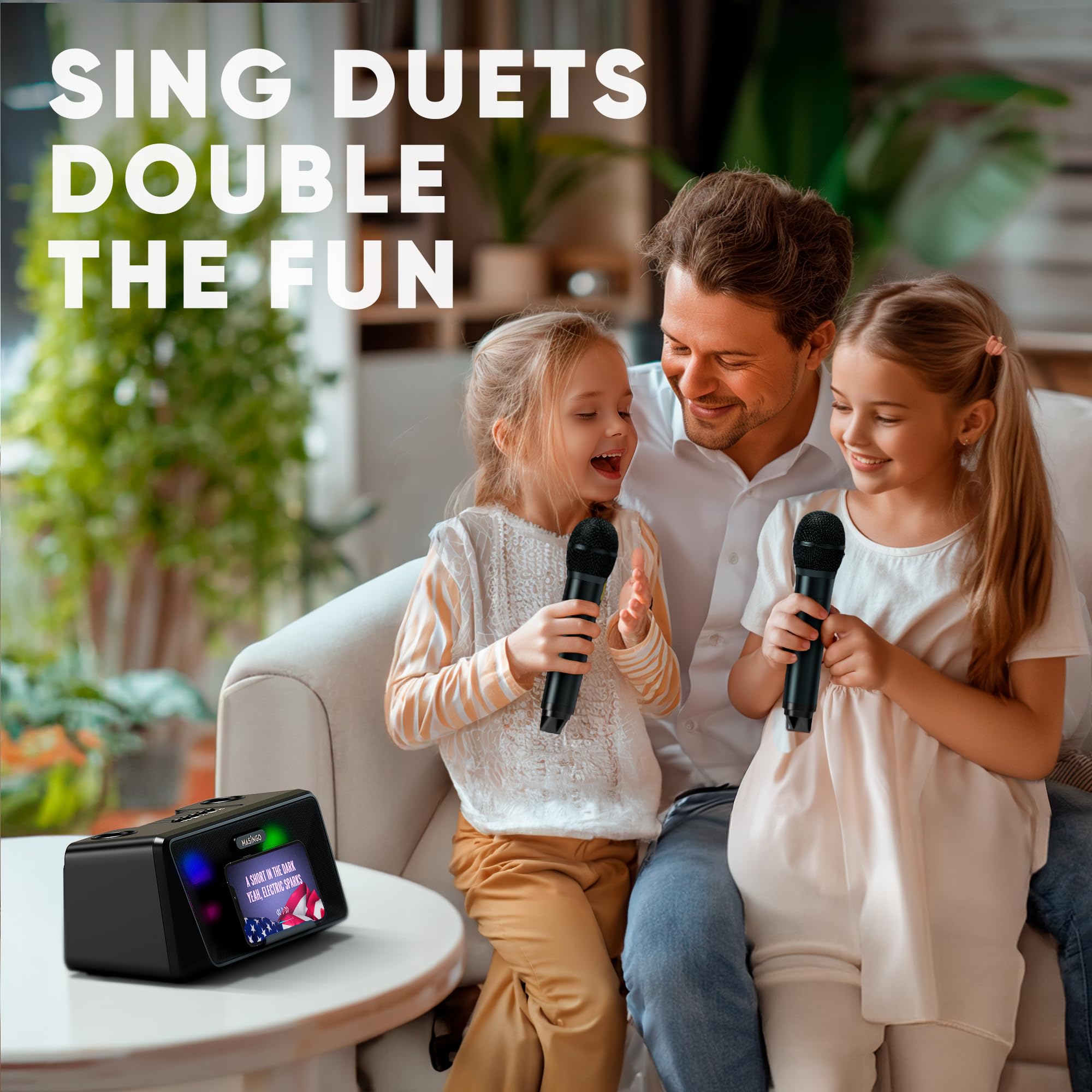 Masingo Karaoke Machine For Adults And Kids With 2 Wireless Microphones, Portable Bluetooth Singing Speaker, Colorful Led Lights