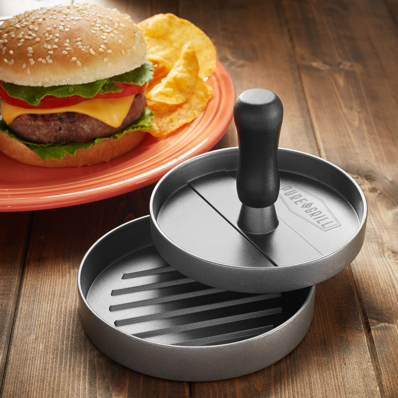 Pure Grill Burger Press - Aluminum Bbq Patty Maker With 100 Wax Papers For Grilling Hamburger Patties