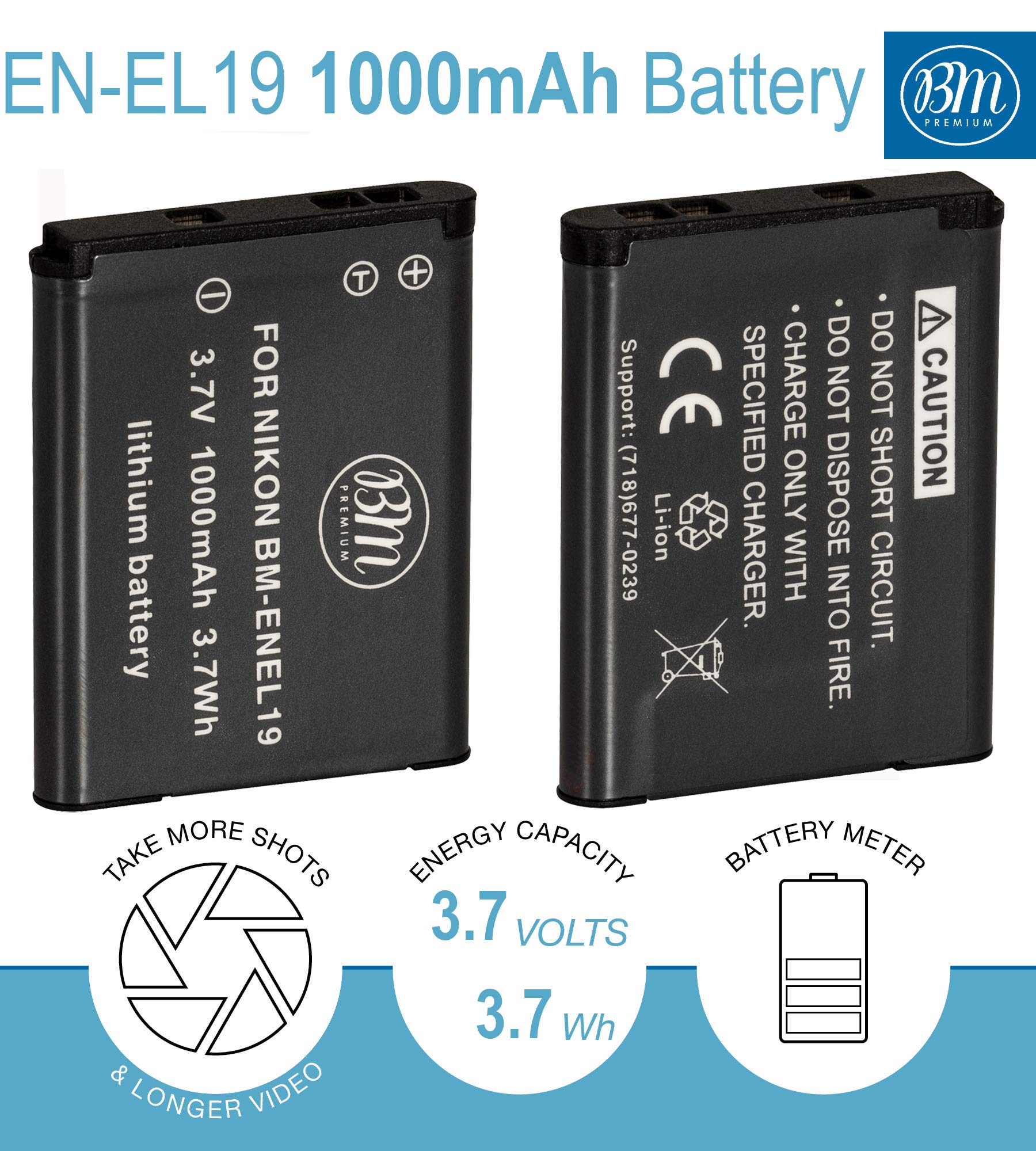 BM Premium EN EL19 Battery for Nikon Coolpix A300, W150, W100, S32, S33, S100, S3100, S3200, S3300, S3500, S3600, S3700, S4100, S4200, S4300, S5200, S5300, S6400, S6500, S6800, S6900, S7000 Cameras