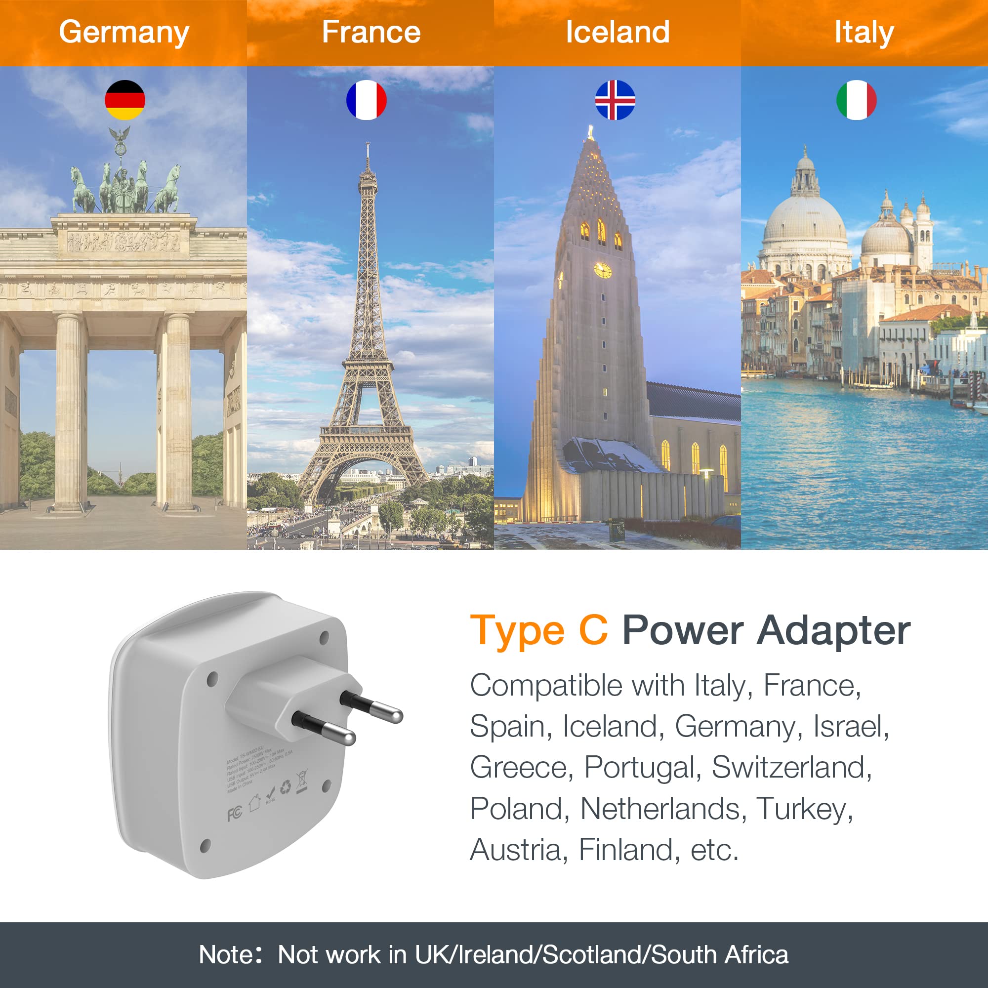 European Travel Plug Adapter Converter, Tessan International Power Plug Converter With 2 Usb, Type C Outlet Adaptor Charger For