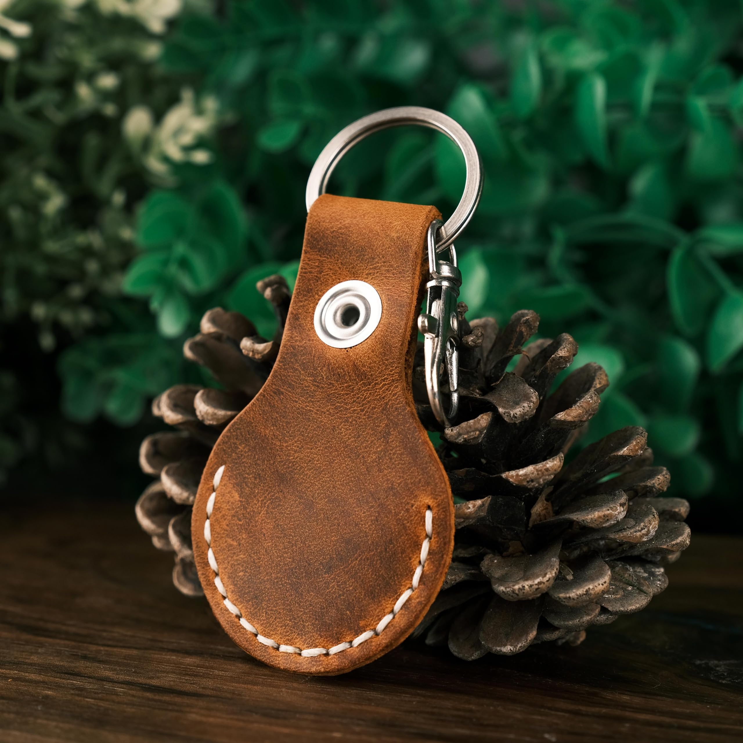 Toprank Leather Keychain Holder For Airtag - Handmade Genuine Crazy Horse Leather Case (Camel)