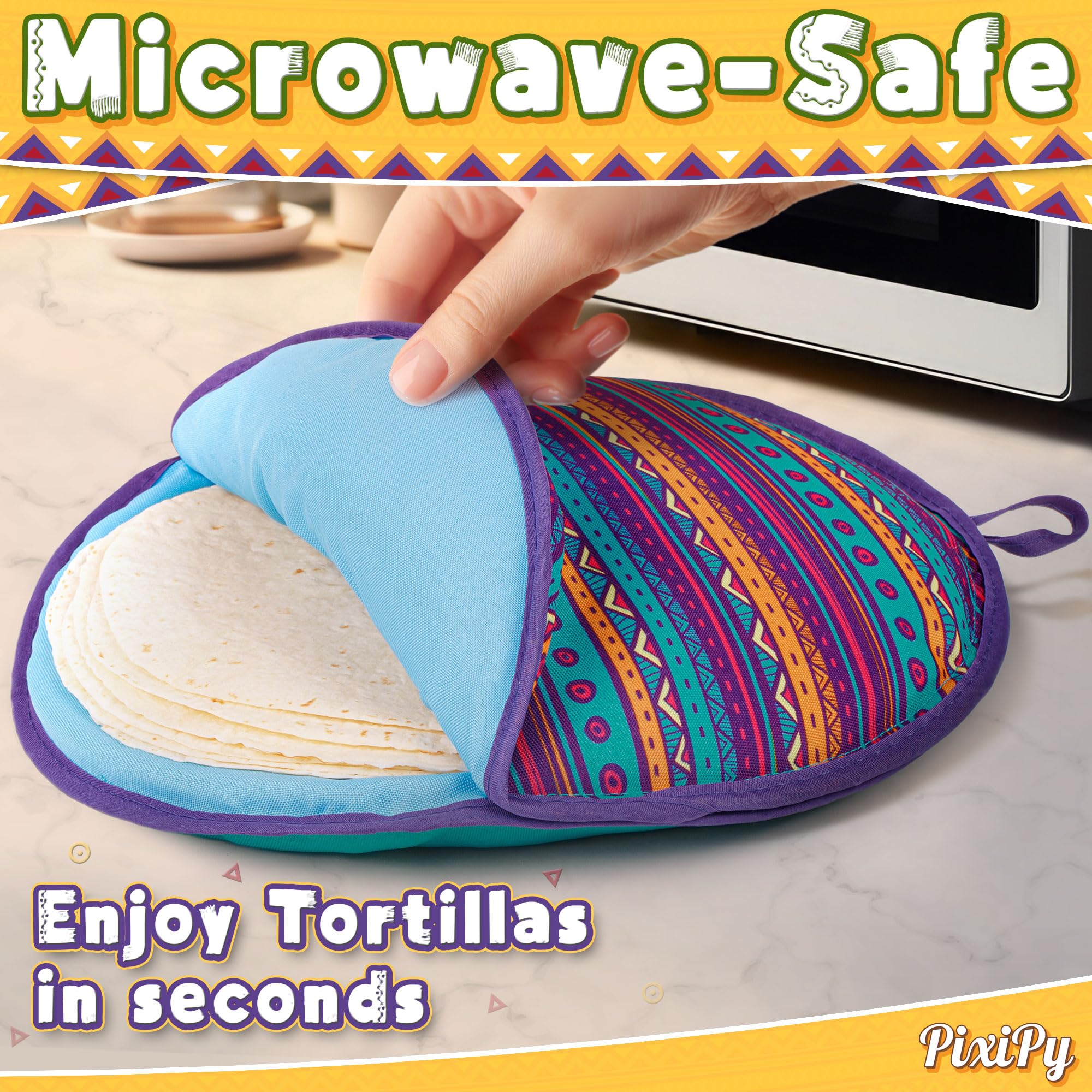 Tortilla Warmer Pouch (Multicolor, 12 Inch), Microwavable Fabric Tortilla Heater Pouch To Keep Tortillas Soft & Warm, Insulated