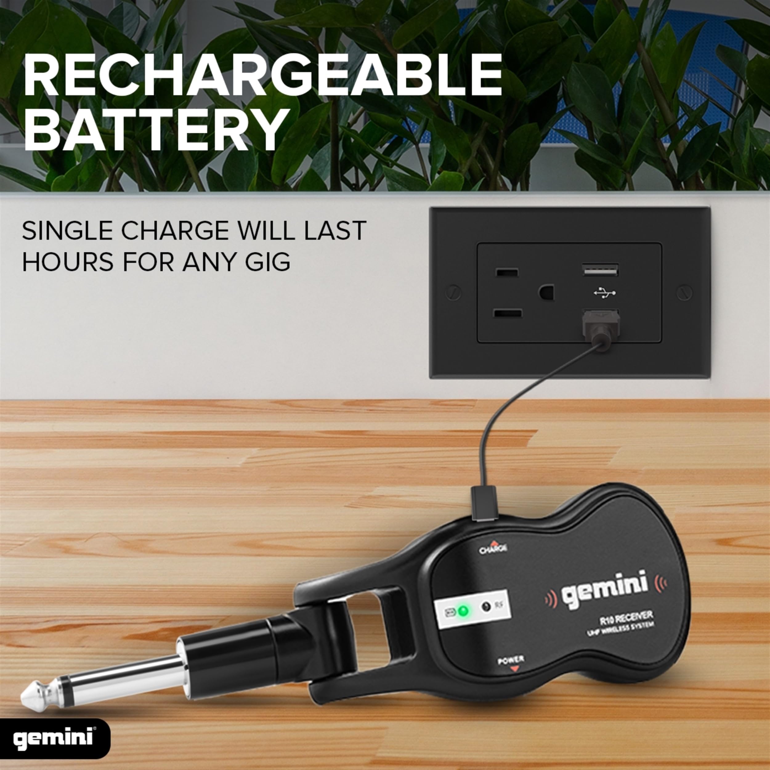 Gemini Sound Gmu G100 Uhf Wireless Guitar System, Rechargeable 1/4' Transmitter & Receiver, 50+ M Range, Low Latency, Expandable For Electric & Acoustic Guitars, Bass & Keytar