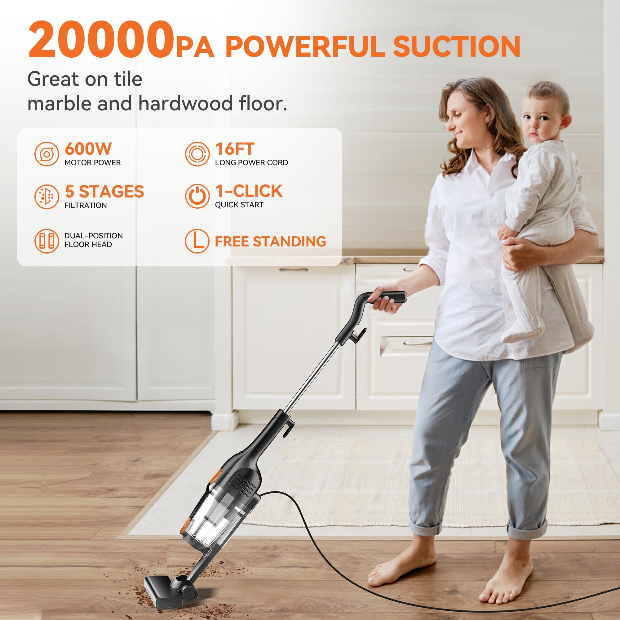 Corded Stick Vacuum Cleaner, 20000Pa Powerful Suction Stick Vacuum With 16Ft Cord, 2 In 1 Lightweight Vacuum Cleaner For Hard Fl