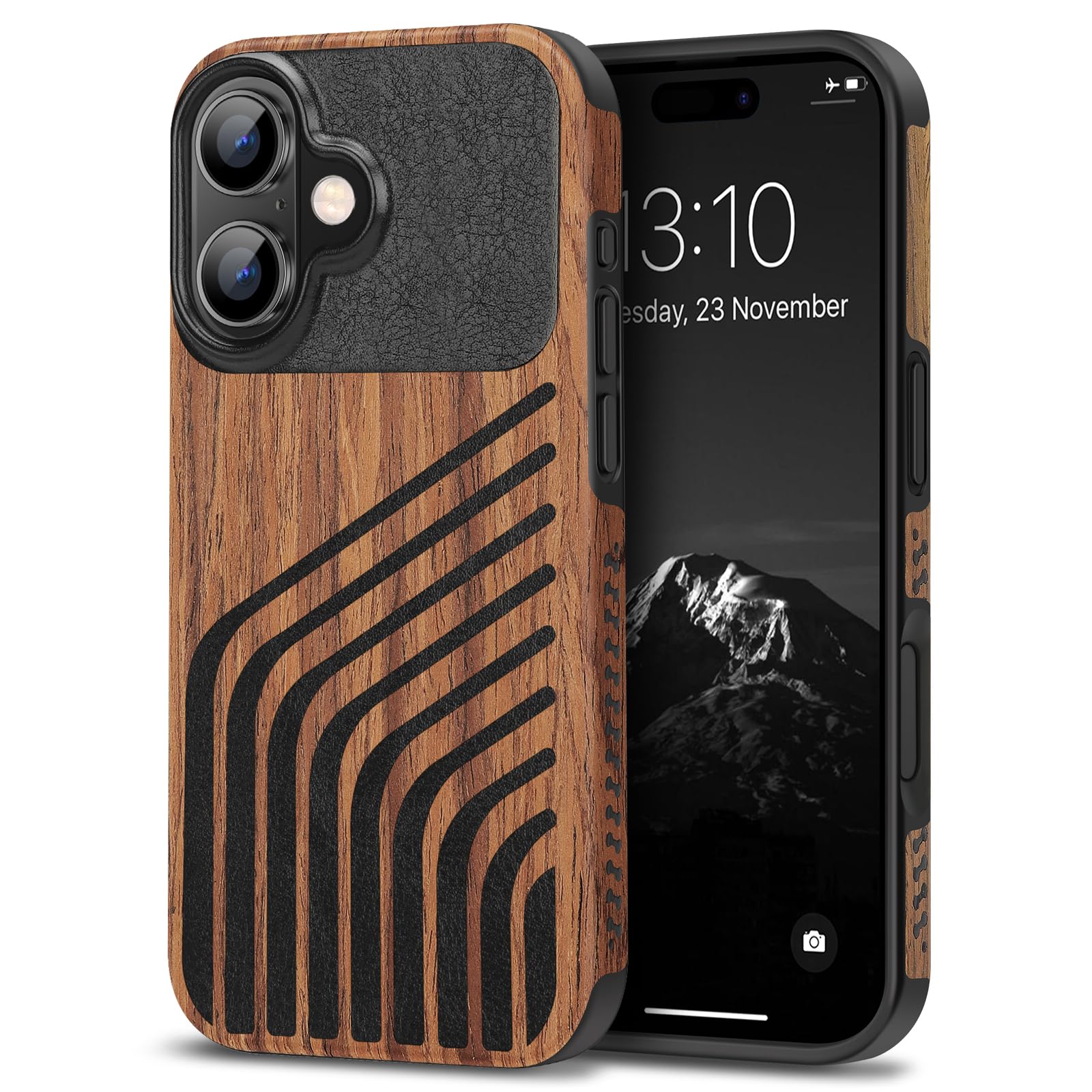TENDLIN Compatible with iPhone 16 Phone Case Wood Grain with Carbon Fiber Texture Design Leather Hybrid Slim Case (Hairline)