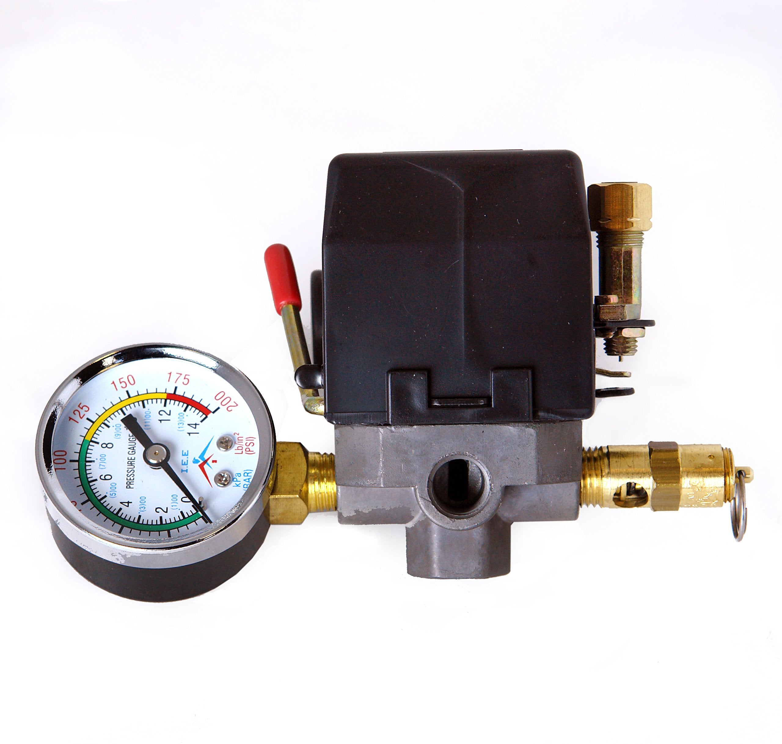 Air Compressor Pressure Control Switch 4 Ports 95 125 Psi W/ 0 200 Psi Gauge 150 Psi Pop Off Valve