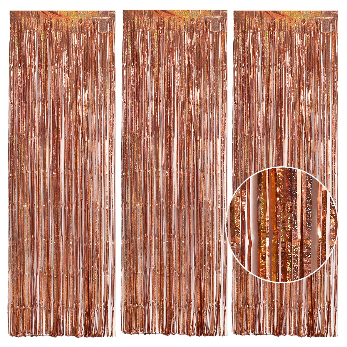 Toniful 3Pcs Laser Rose Gold Door Streamers,Laser Rose Gold Photo Booth Backdrop Metallic Streamers Foil Fringe Curtains For Bir