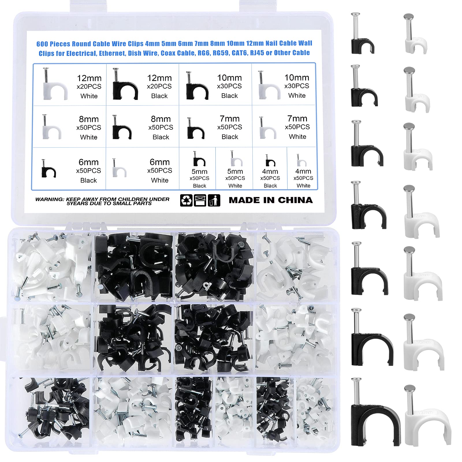 Ocr 600Pcs Cable Clips With Steel Nail, Round Wire Clips Black White Assortment 4Mm 5Mm 6Mm 7Mm 8Mm 10Mm 12Mm Cable Management R